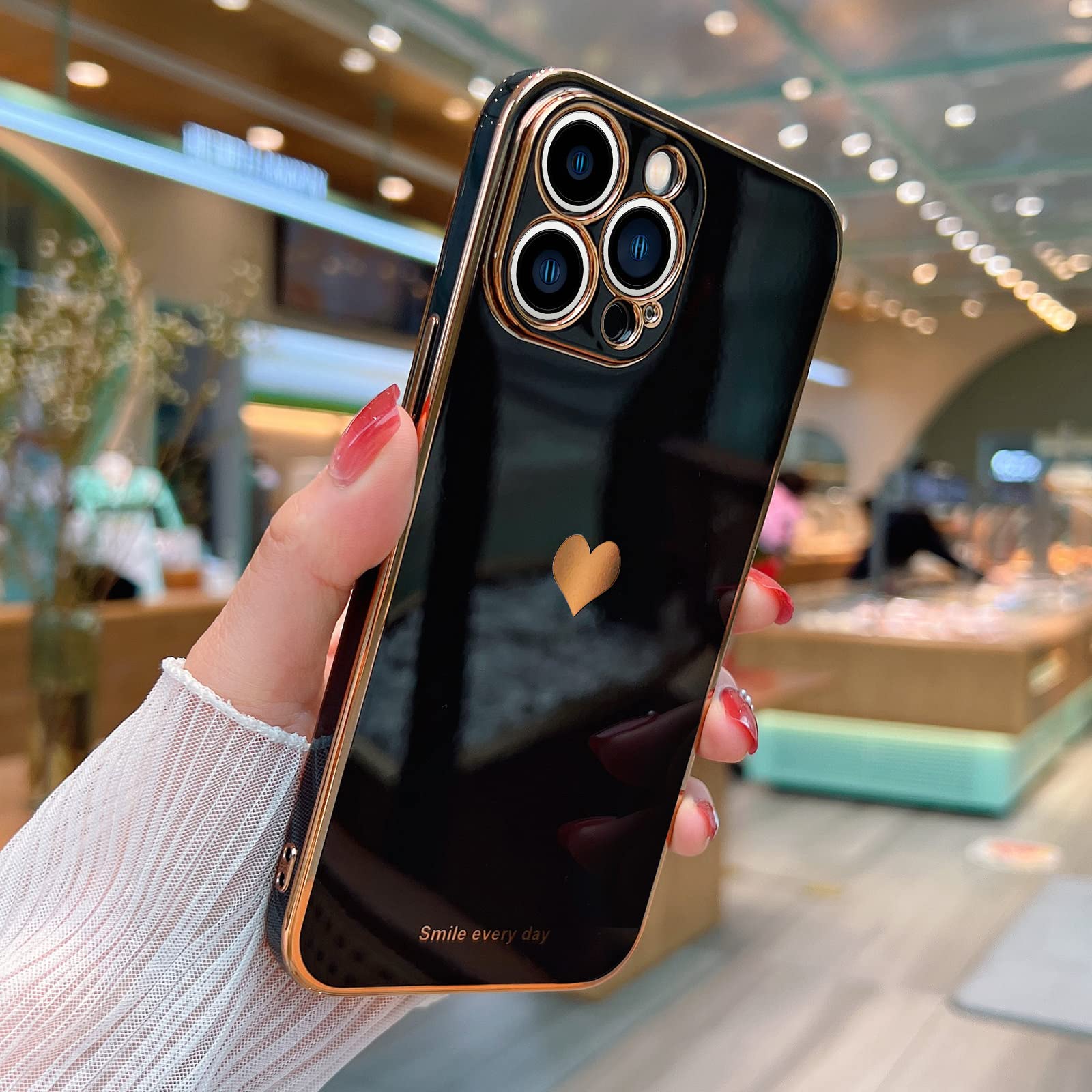 Teageo For Iphone 13 Pro Max Case For Women Girl Cute Love Heart Luxury Bling Plating Soft Back Cover Raised Camera Protection B