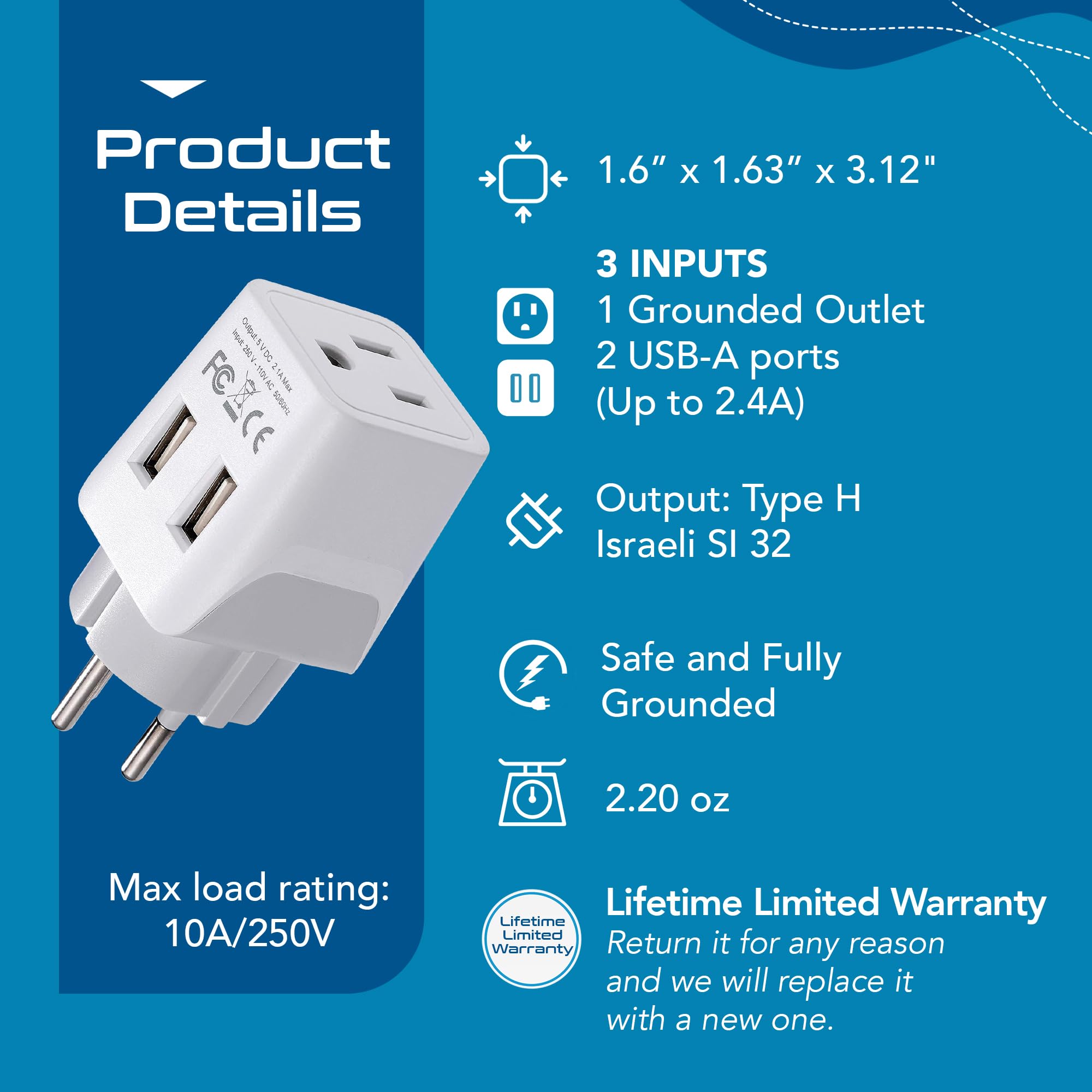 Ceptics Israel, Palestine Travel Adapter Plug With Dual Usb   Usa Input   Type H   Ultra Compact   Perfect For Cell Phones, Lapt