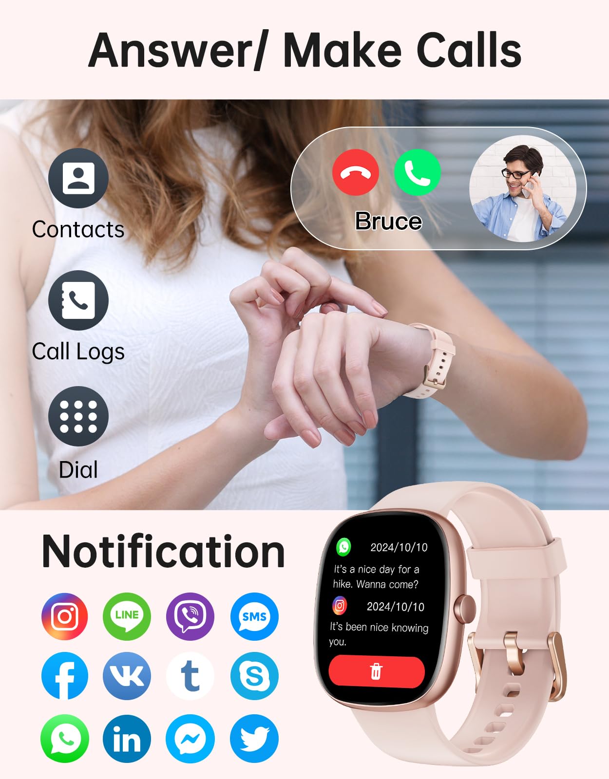 Huakua Smart Watches For Women Men (Answer/Make Calls), 1,85'' Hd Smart Watch For Iphone/Android Phones, Fitness Tracker With 10