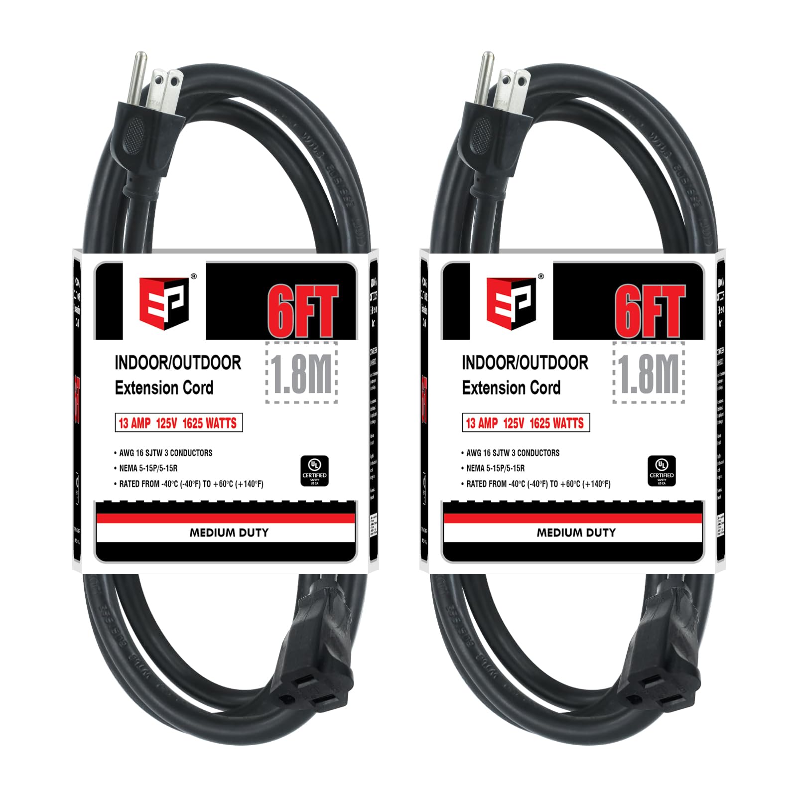 Ep 2 Pack 6Ft Black Outdoor Extension Cord, 16/3 Sjtw Heavy Duty Waterproof, 3 Prong Grounded Plug, 13A 1625W 16Awg, Cold Resist