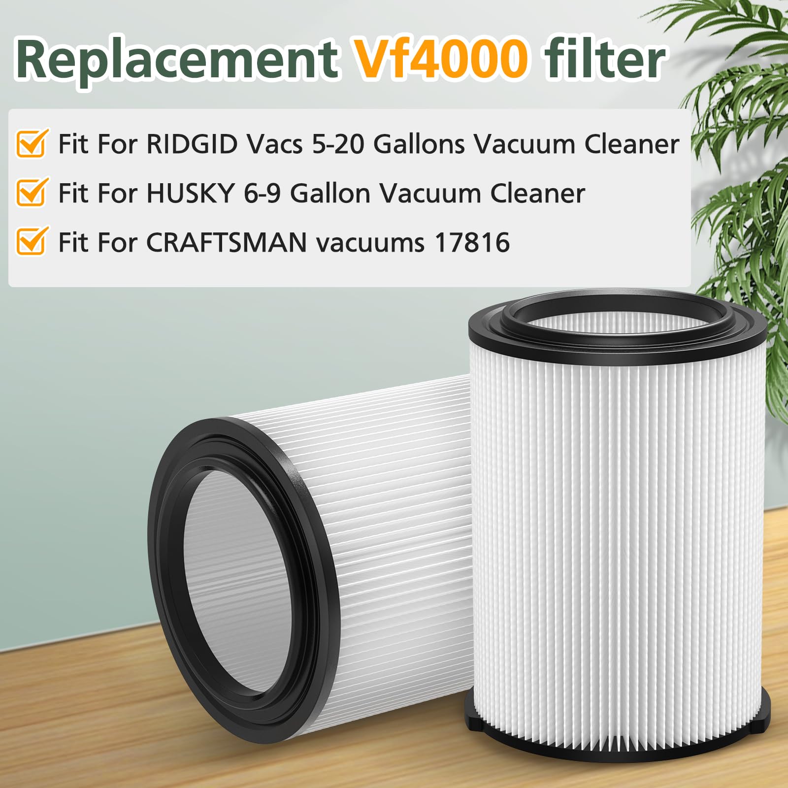 2 Pack Vf4000 Replacement Filter For Ridgid, Standard Wet/Dry Vac Filter Vf4000 Compatible With Ridgid Vacs Wet Dry 5 20 Gal, 6