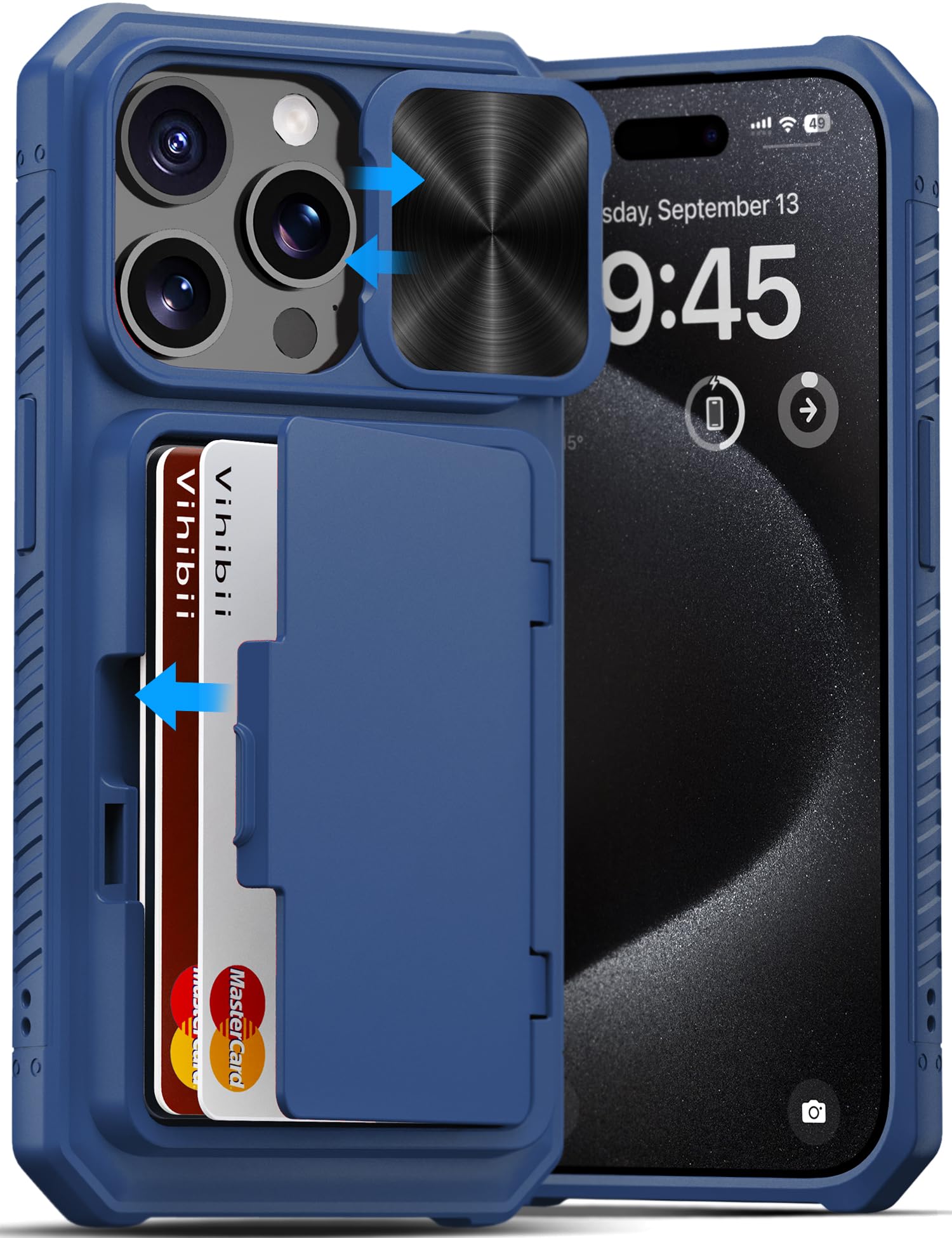Vihibii For Iphone 15 Pro Wallet Case With Card Holder (4 Cards) & Slide Camera Lens Protective Cover & Kickstand, Heavy Duty Sh
