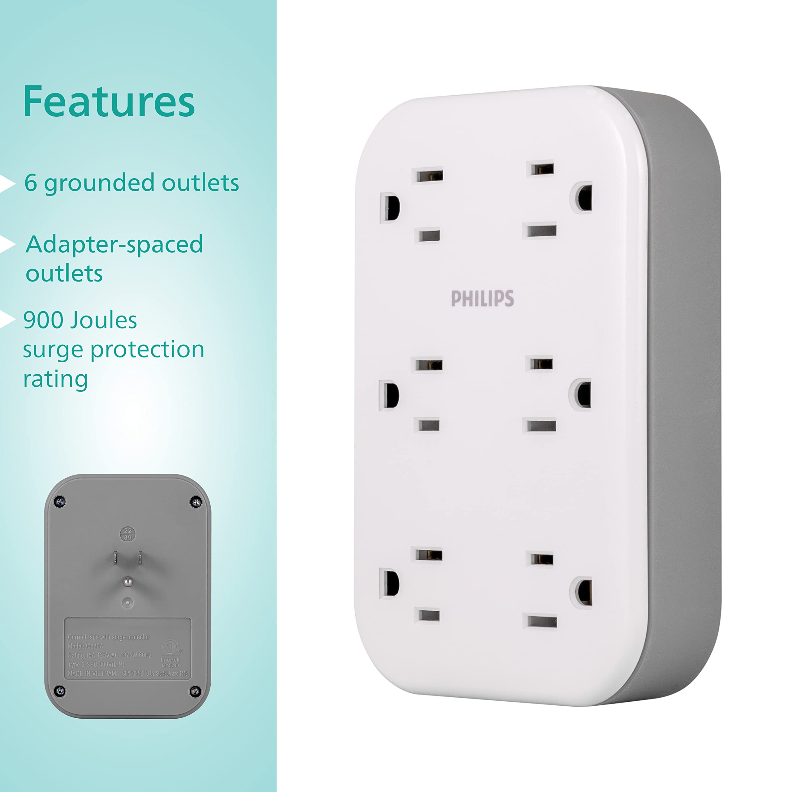 Philips Ezfit 6 Outlet Surge Protector Outlet Extender, Wall Tap, Grounded Widely Spaced Outlets, 900 Joules, For Home Office Do
