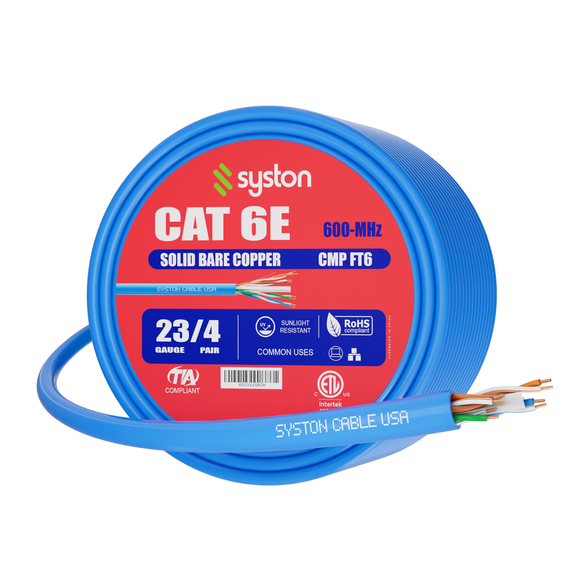 Syston Cable Technology Cat 6E Ethernet Network Cable   50 Ft,600Mhz 23Awg Solid Bare Copper Wire Outdoor/Indoor, Bulk No Ends 10 Ft To 1000 Ft Available, Heat Resistant Plenum Rated   Cmp