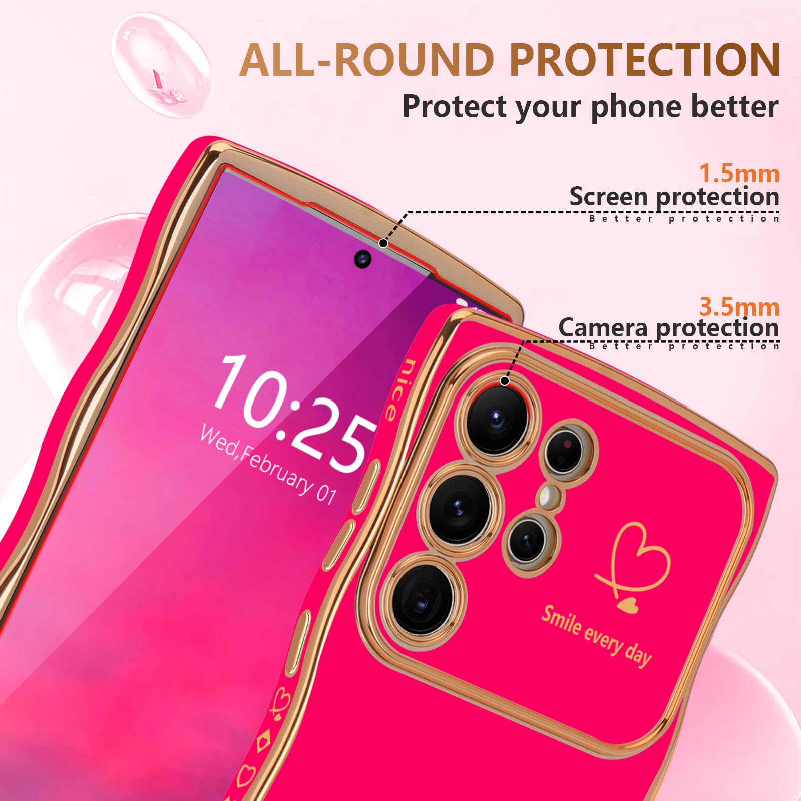 Lchulle For Samsung Galaxy S22 Ultra Case For Women Girls, Cute Wave Frame Curly Shape With Love Heart Camera Protection Cover L