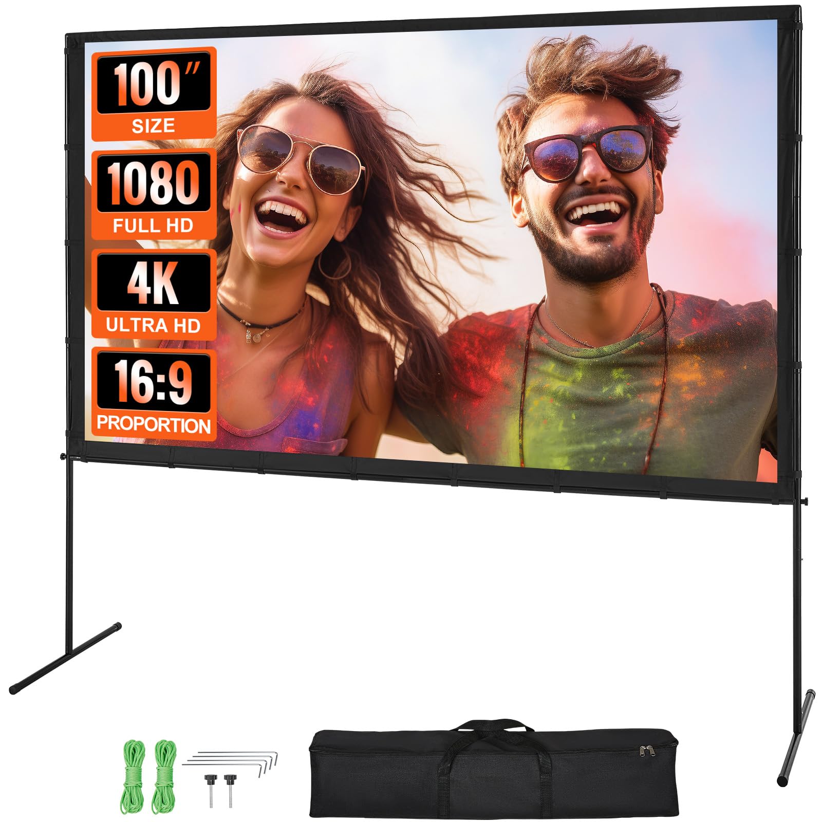 VEVOR Projector Screen with Stand, 100 inch 16:9 4K 1080 HD Outdoor Movie Screen with Stand, Wrinkle-Free Projection Screen with