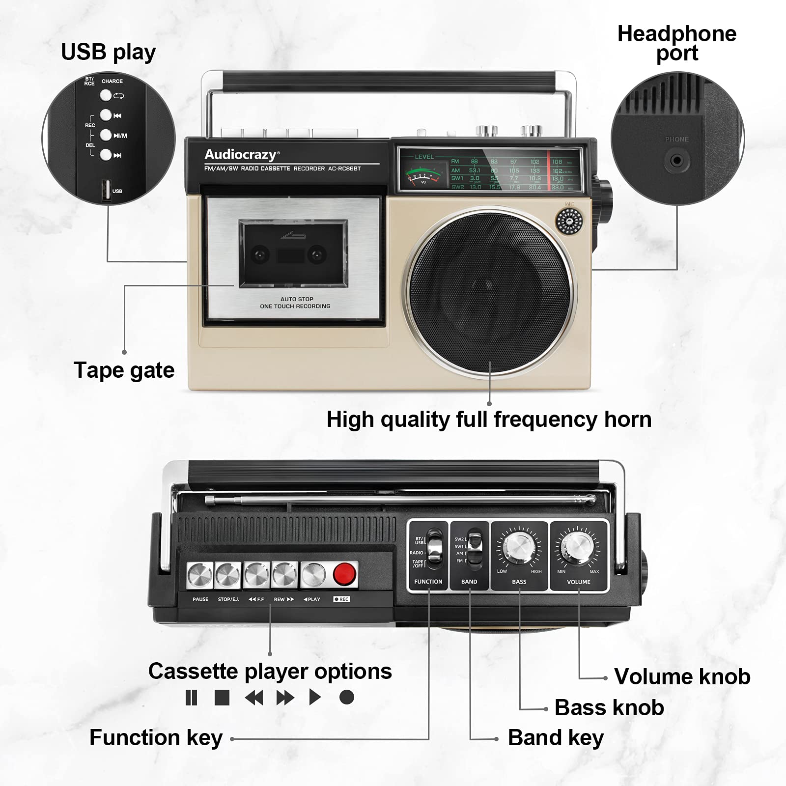 Audiocrazy Retro Boombox Cassette Player Am Fm Sw Radio, Cassette Recorder With Built In Microphone, Wireless Streaming, Usb Por