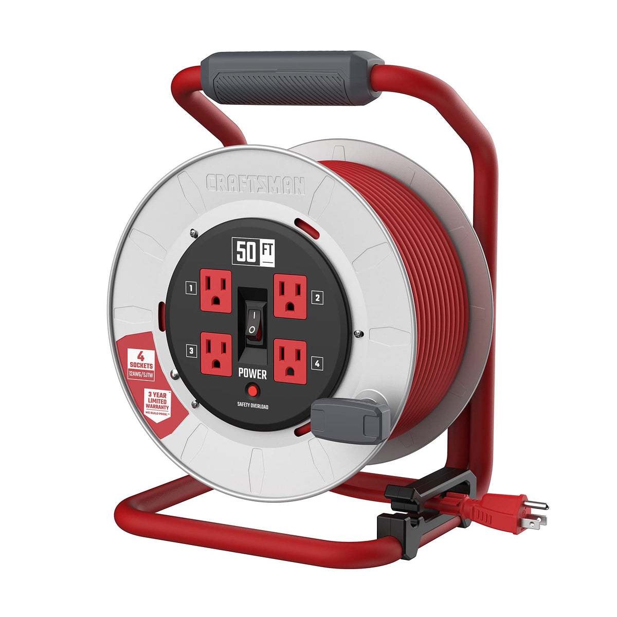 Craftsman 50 Ft. Contractor Edition Retractable Extension Cord Reel With 4 Outlets & Heavy Duty 12Awg Sjtw Cable