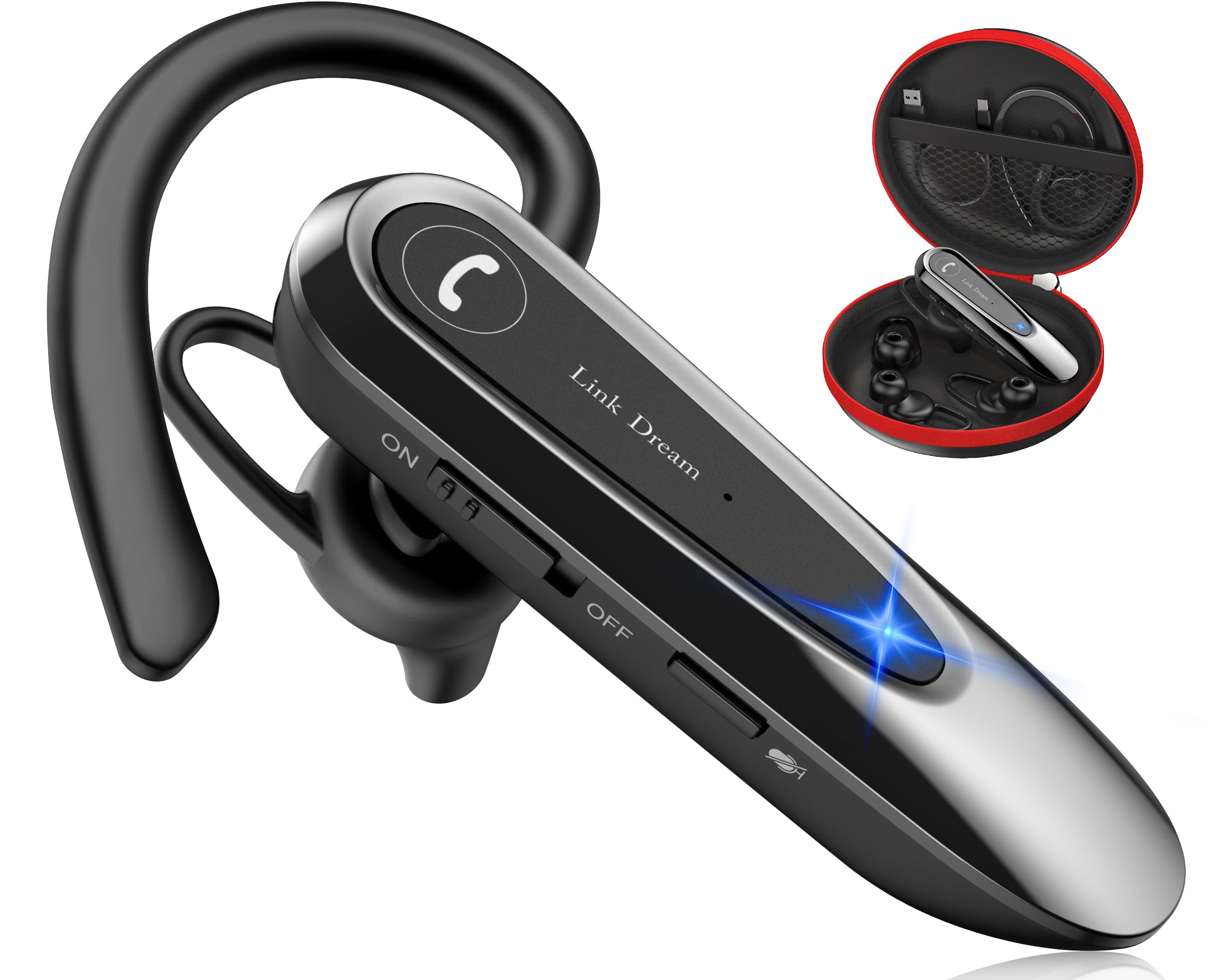 Link Dream Bluetooth Earpiece Wireless Cvc8.0 Headset For Cell Phone Dual Mic Noise Canceling Handsfree Phone Earpiece With Mute 20Hrs Talk Time 180 Days Standby For Iphone Android Home Office Driving