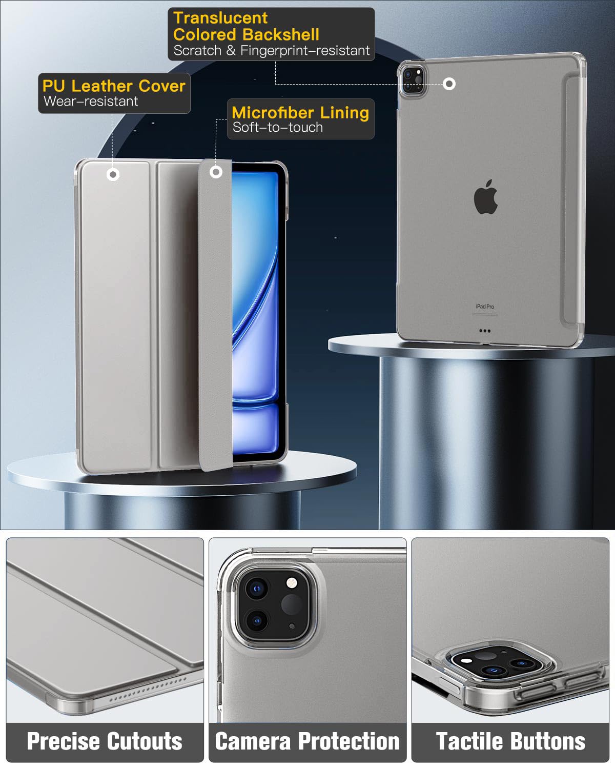 MoKo for iPad Air 13 Inch M2 Case 2024/ iPad Pro 12.9 Case (6th/5th Gen 2022/2021), Slim Smart Shell Translucent Frosted Hard PC Back Cover, Support Touch ID & Pencil Pro/2nd/USB C, Light Gray