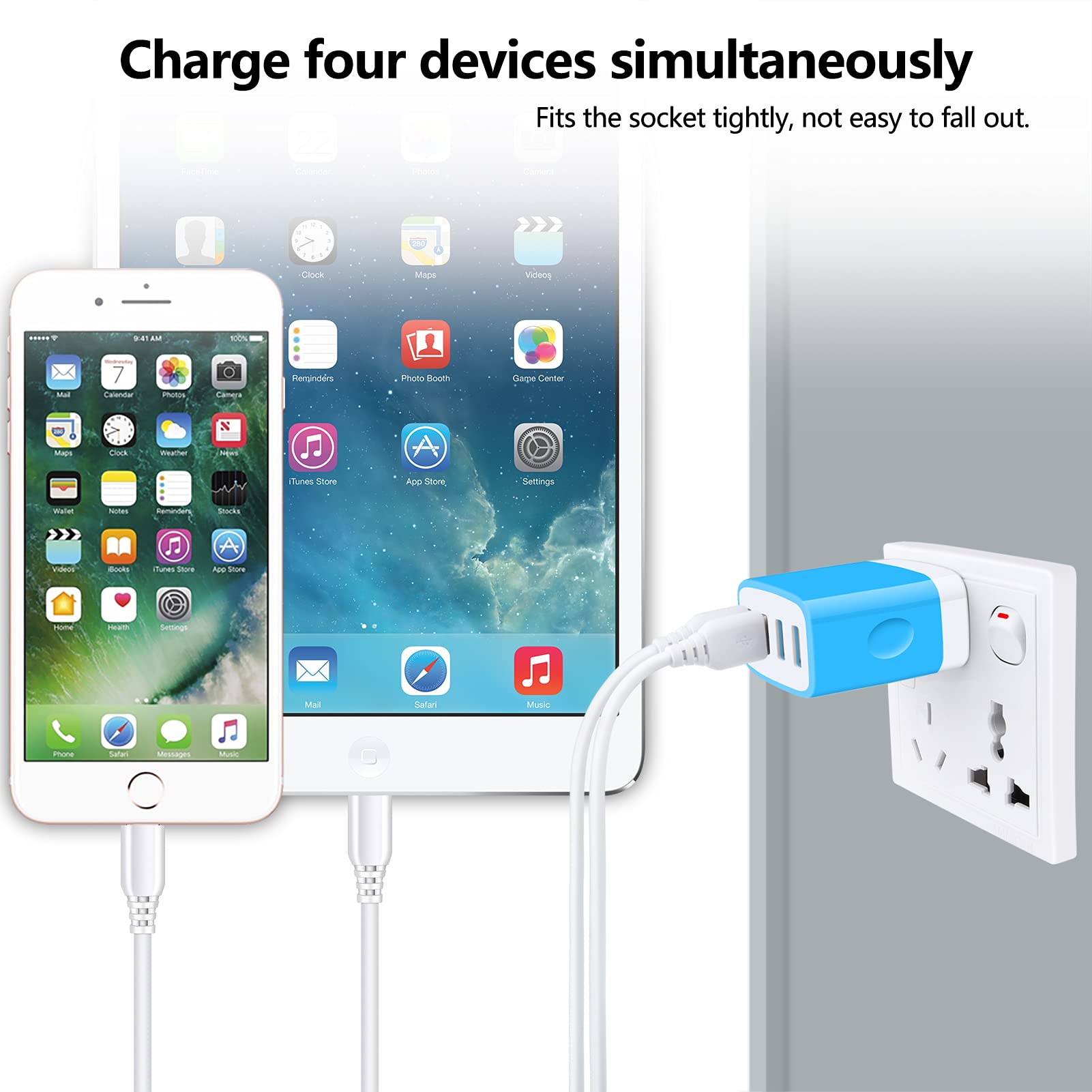 Iphone 13 Charger Block Fast Charging 4.8A Multi Port Usb Charger Wall Plug Power Adapter Charging Box Cube Brick For Iphone 15/14/13/12/11 Pro Max, Samsung Galaxy A54 A14 A13 A53 A73 S23 S22 S21 S20