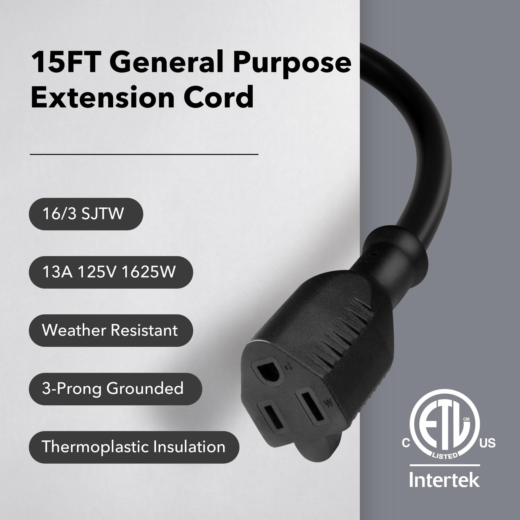 Bn Link 15 Ft Indoor/Outdoor Extension Cord 16/3 Sjtw, Black, Water & Weather Resistant, 3 Prong Grounded Plug For Landscaping &