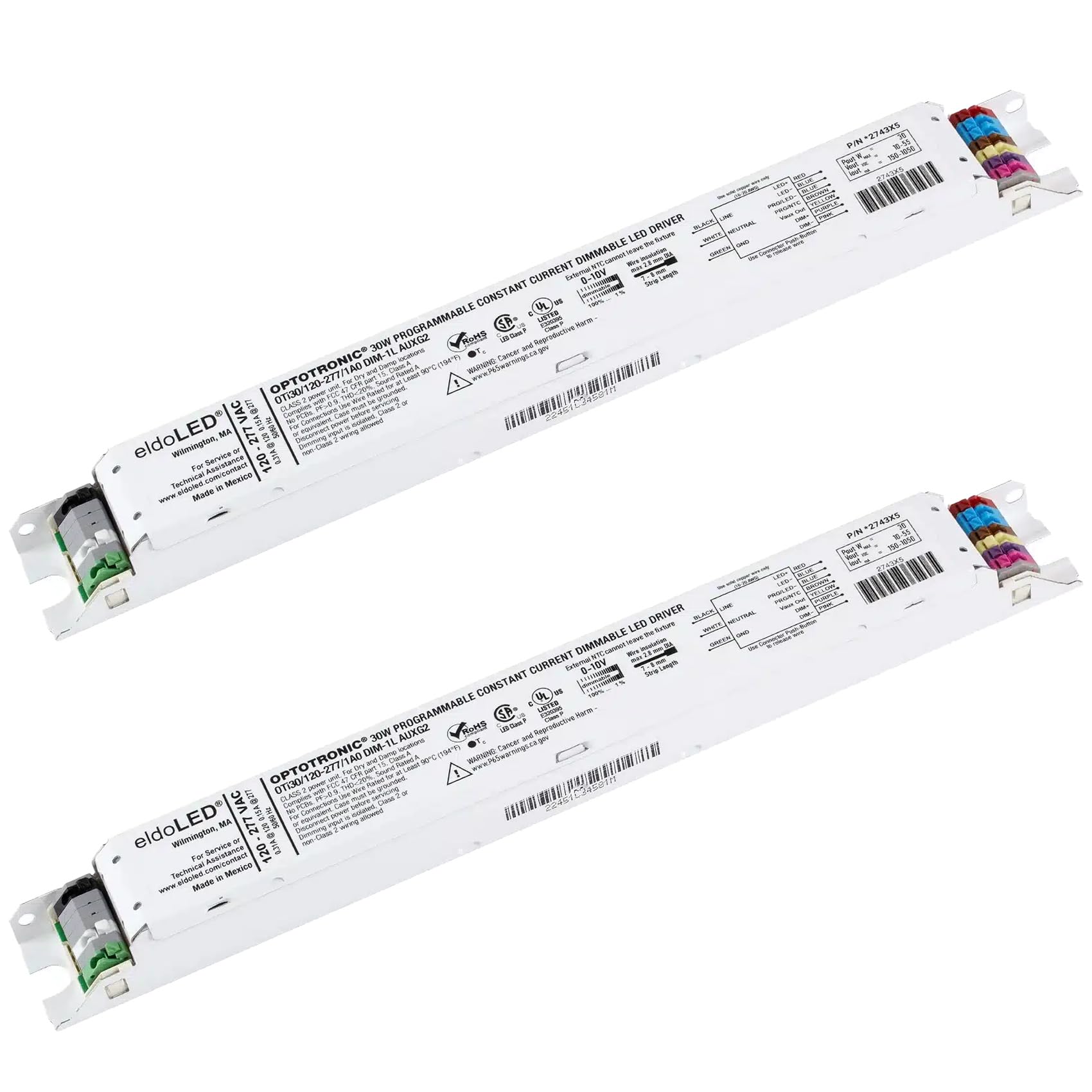 Pack of 2 - eldoLED *2743X7 OPTOTRONIC 50W Constant Current 0-10V Dimmable LED Driver, Programmable Linear OTi50/120-277/DIM-1L 