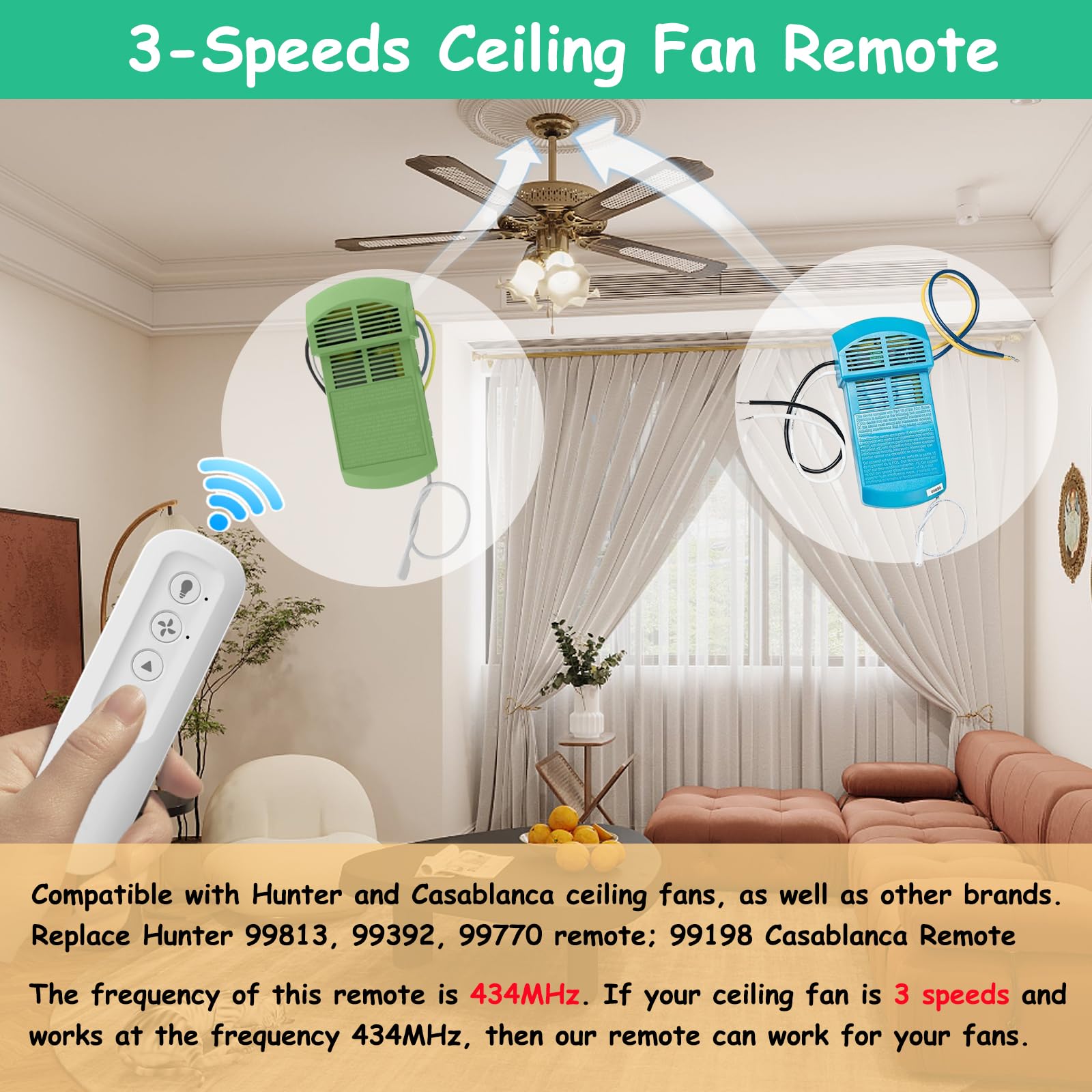 Prichor 99770 Ceiling Fan Remote Control (Remote Only) For Hunter 99770 99392 99813, Ceiling Fan Remote With 3 Speeds & Light Di