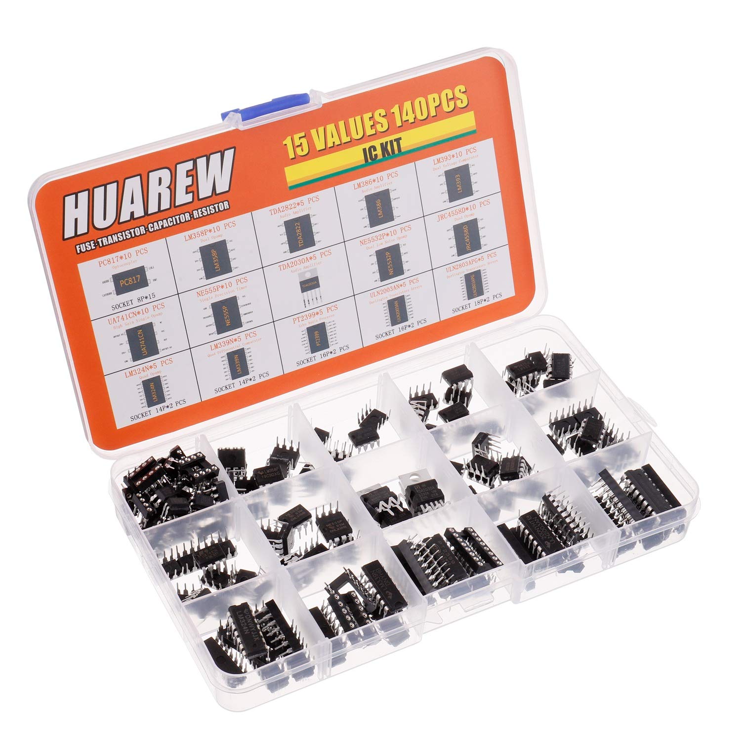 Huarew 15 Values 140 Pcs Opamp Timer Darlington Phototcoupler Pc817 Lm358P Tda2822 Lm386 Lm393 Ua741Cn Ne555P Tda2030A Ne5532P J