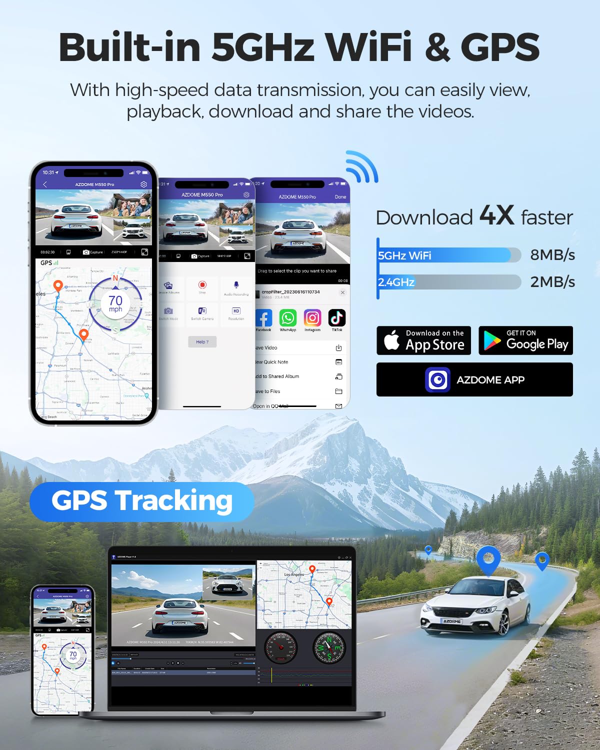 Azdome M550 Pro 4K Dash Cam Front And Rear, Free 64Gb Card, 5Ghz Wi Fi Gps Car Camera, 3.18'' Ips Screen Dashcam, App Control 15