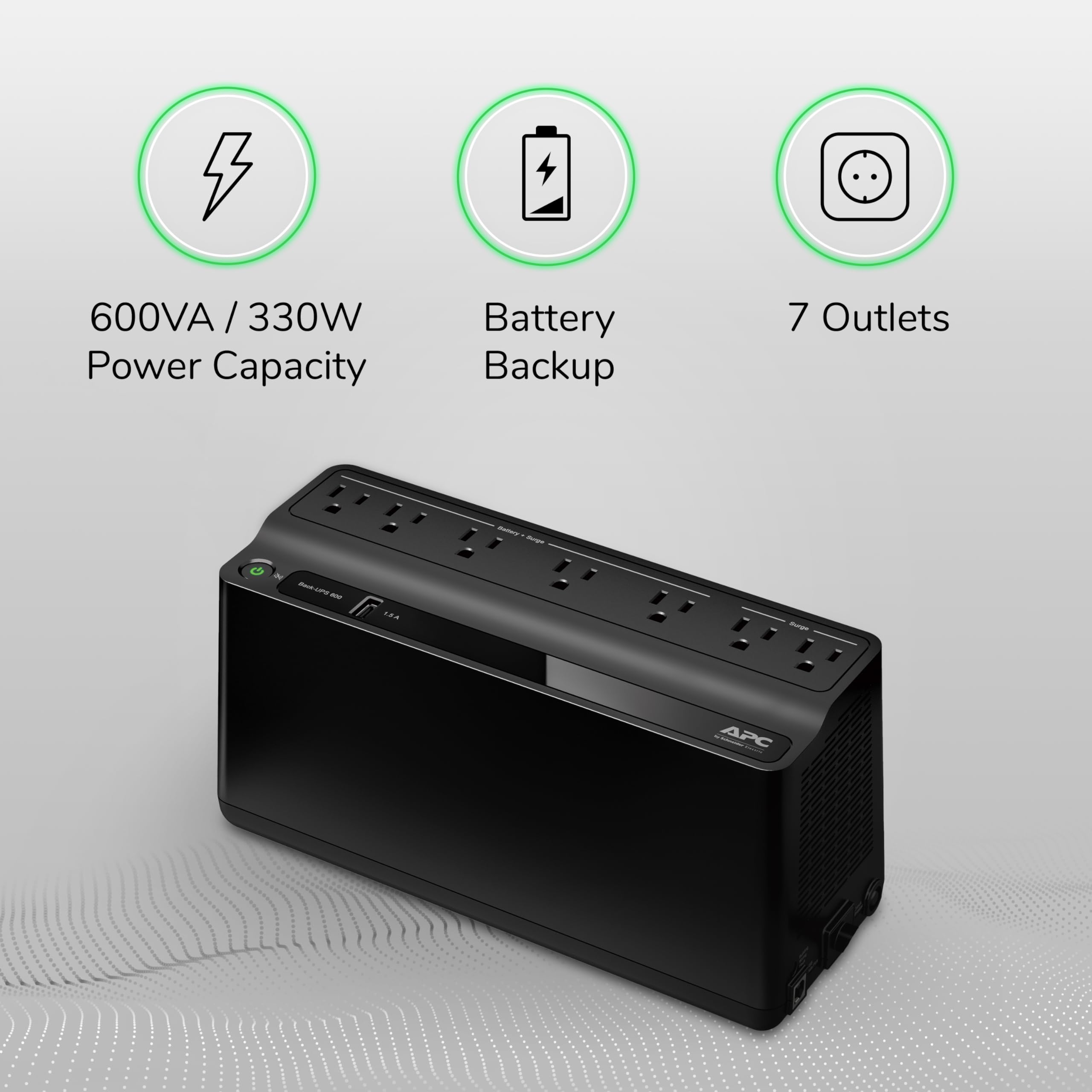 Apc Ups Battery Backup And Surge Protector, 600Va Backup Battery Power Supply, Be600M1 Back Ups With Usb Charger Port