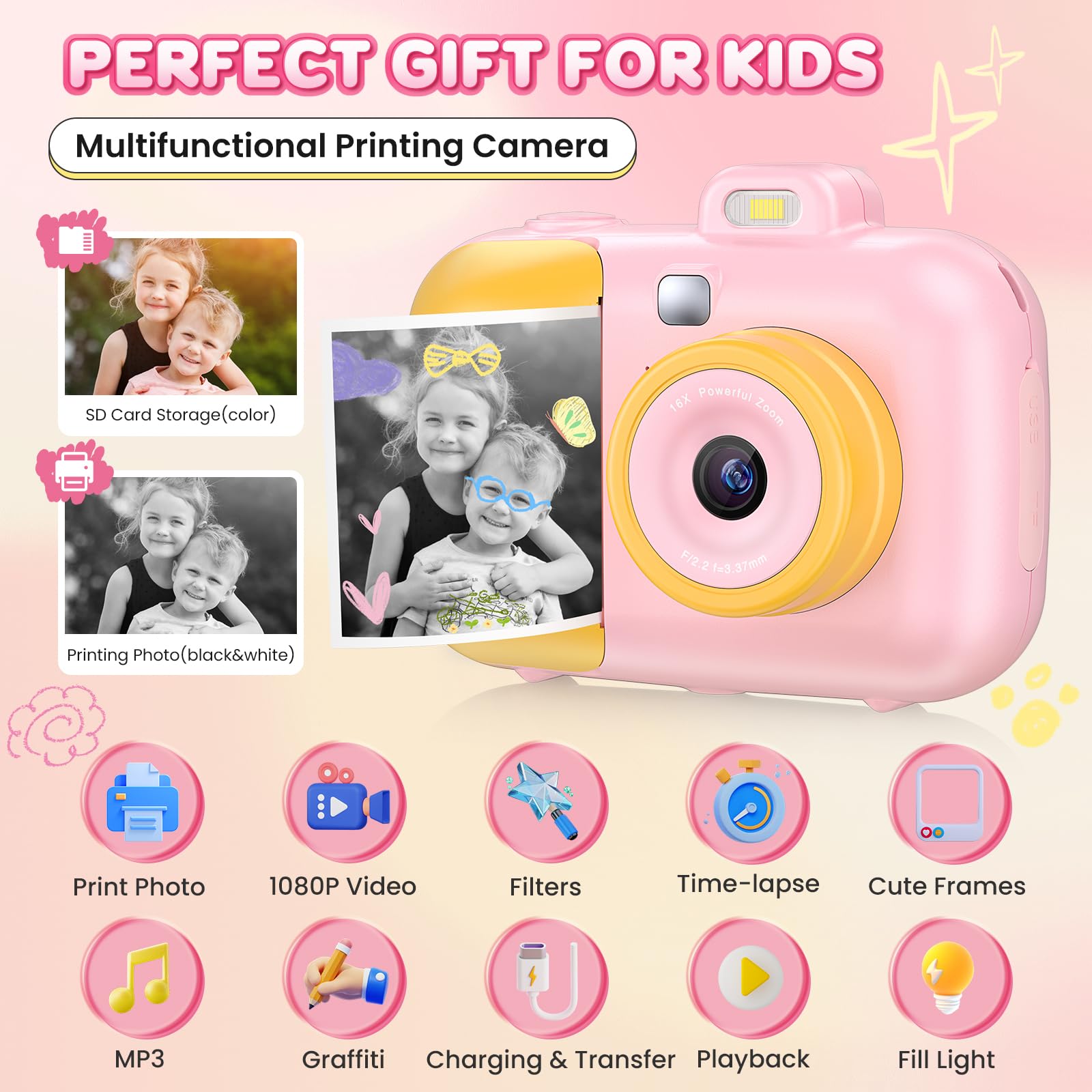 Instant Print Digital Camera, Kids Camera With 32Gb Card, Christmas Birthday Gifts For Kids Age 3 12, Fhd 1080P Video Camera For