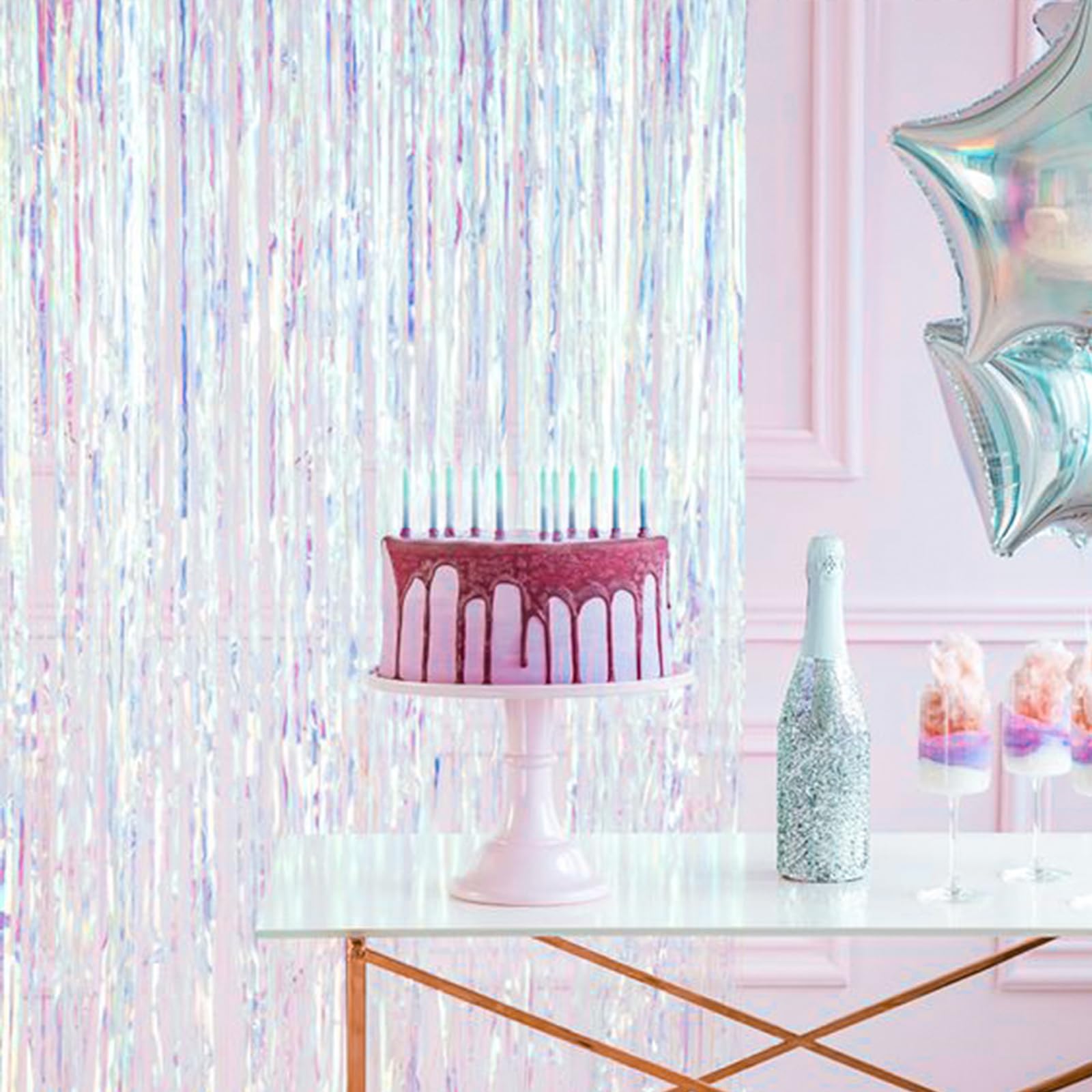 Partywoo Foil Curtain 2 Pcs, 3.3X6.6 Ft Iridescent Tinsel Curtains, Translucent Backdrop Curtain, Holographic Foil Fringe Curtai