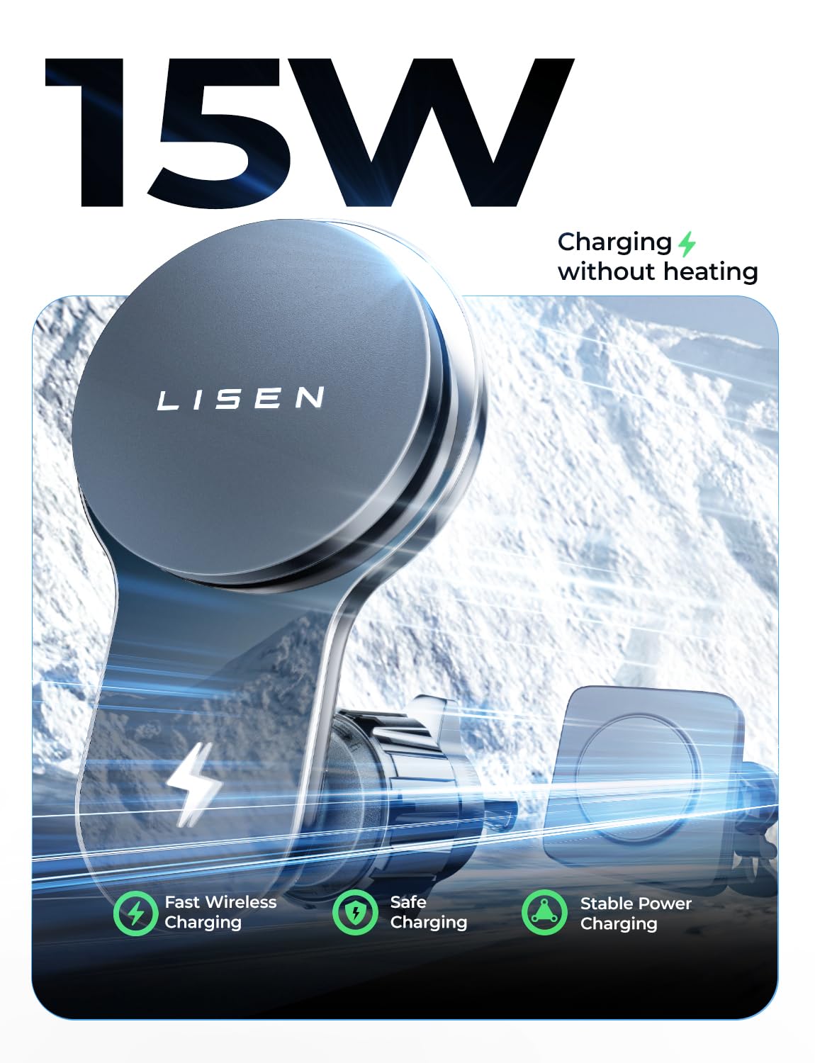 Lisen For 15W Magsafe Car Vent Mount Charger With Turbo Fan Cooling (-8C Reduction) For Iphone 16 Wireless Magnetic Car Phone Ho