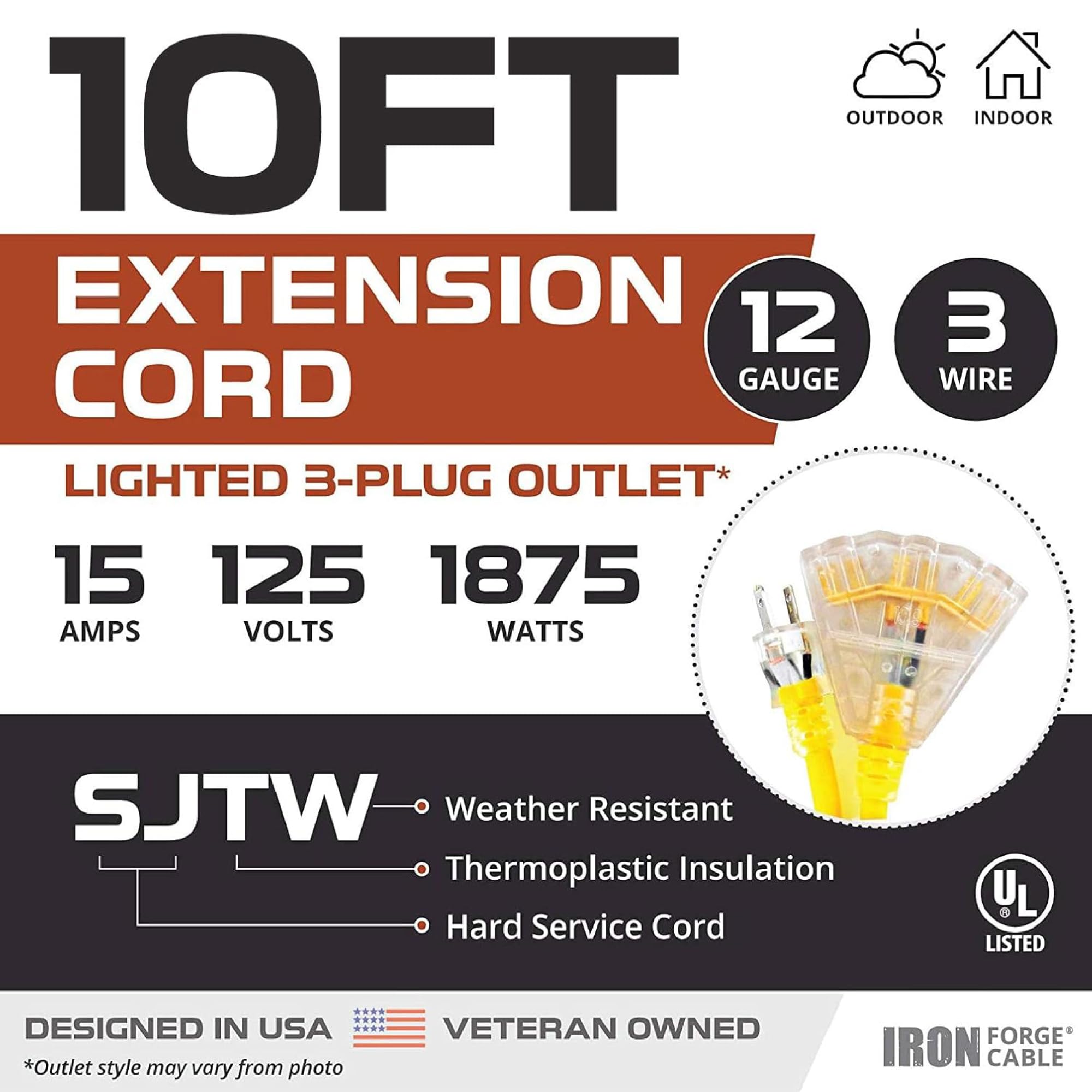 Iron Forge Cable 3 Outlet Lighted Outdoor Extension Cord 10 Ft 2 Pack   12 Gauge 15 Amp Heavy Duty Power Extension Cords   Sjtw