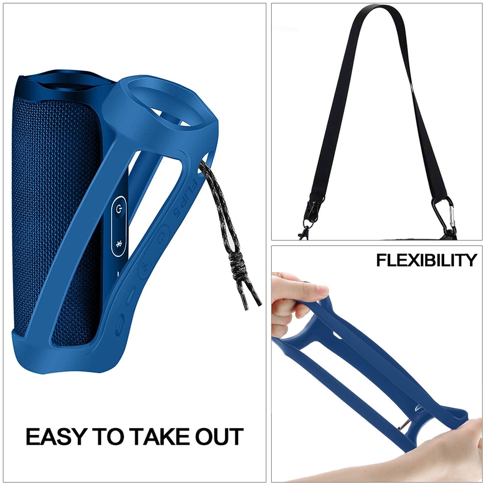 Silicone Case Compatible For Flip 5 Portable Bluetooth Speaker, Gel Soft Skin Cover, Rubber Case, Travel Carry Pouch With Strap