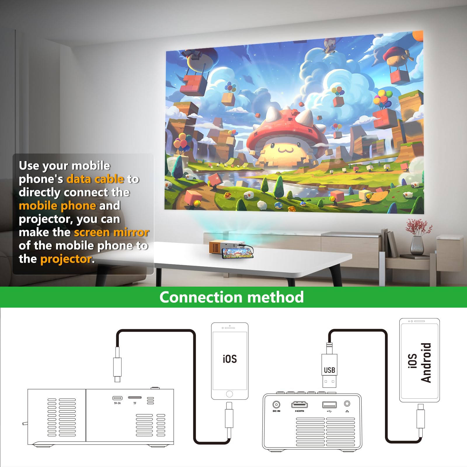 PVO YG300Pro Mini Projector - Portable Outdoor LED Video Projector for Kids, Orange & White, Home Theater Gift