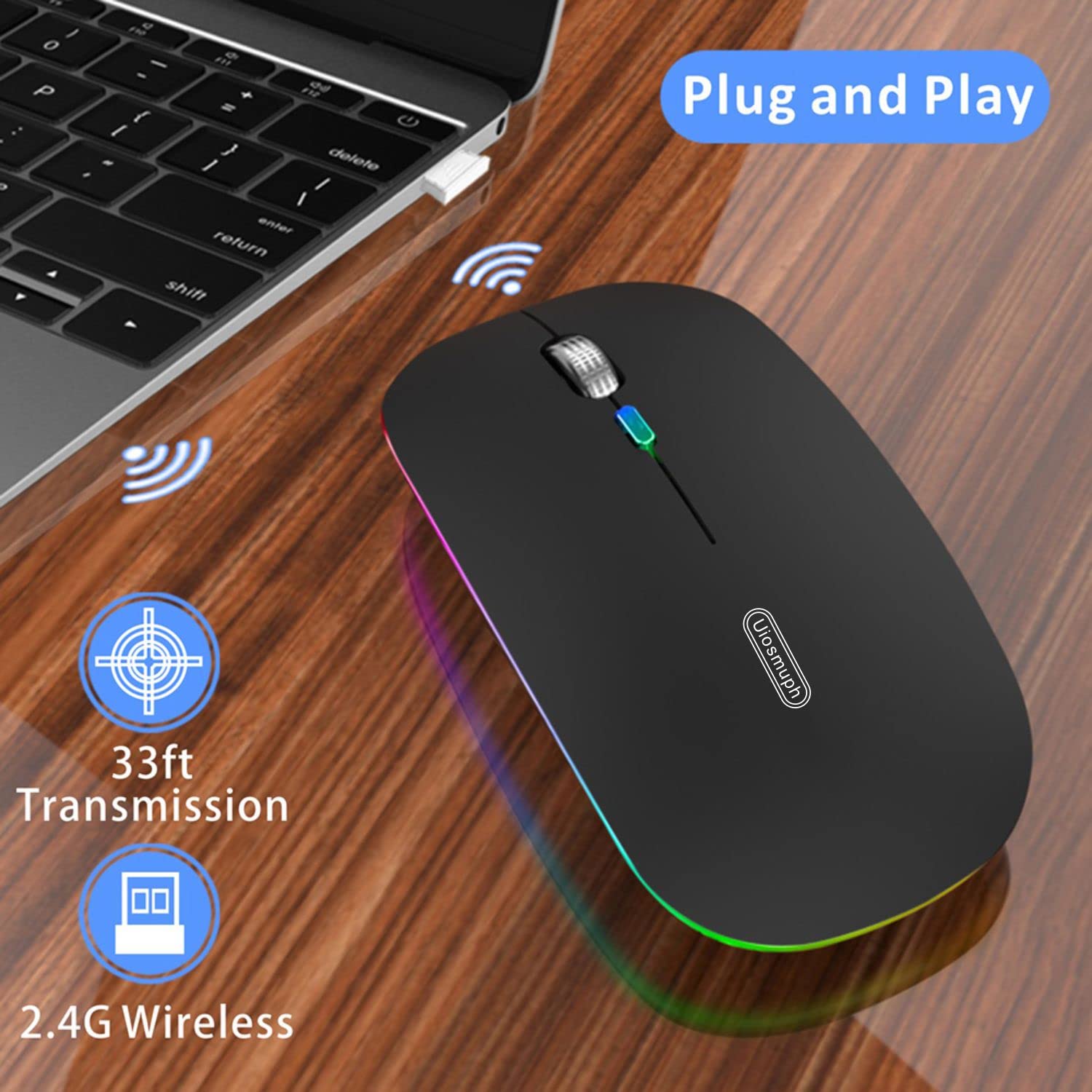 Uiosmuph Led Wireless Mouse, G12 Slim Rechargeable Silent Mouse, 2.4G Portable Usb Optical Computer Mice With Usb Receiver And T