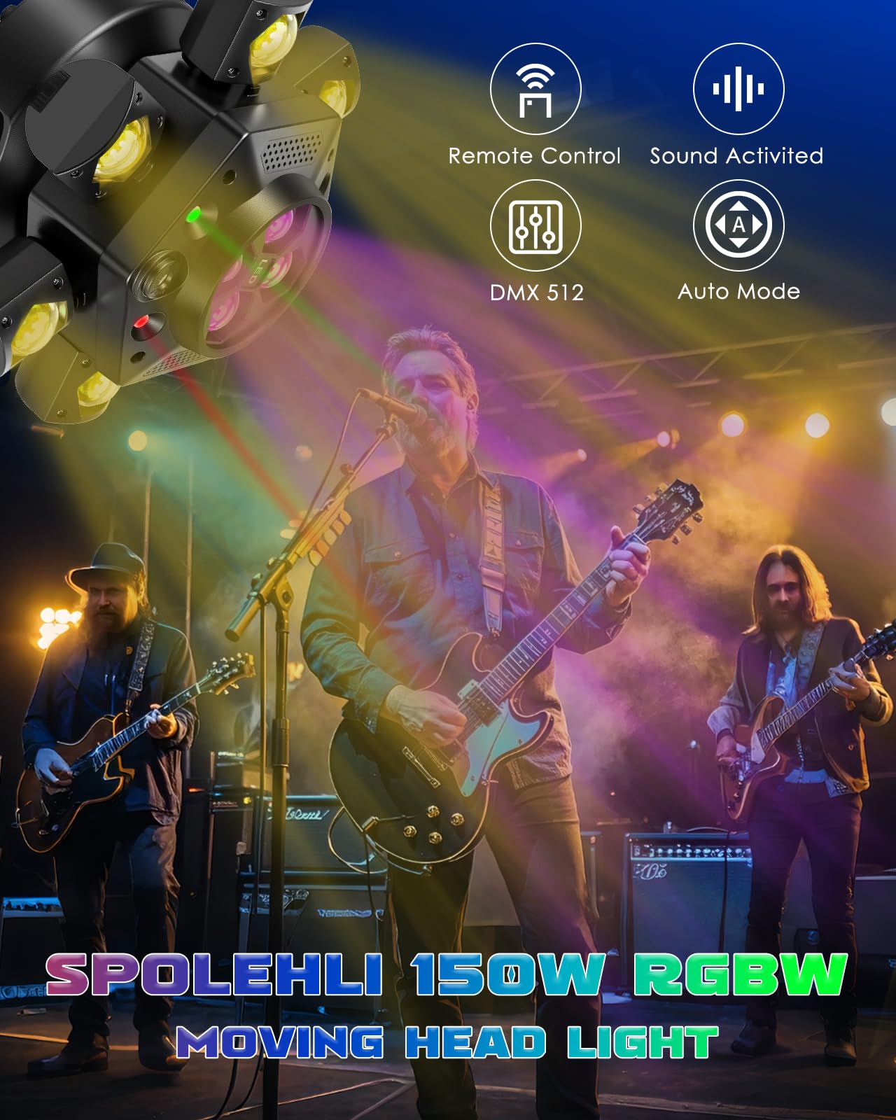 Moving Head Dj Lights, Spolehli 150W Rgbw Led Stage Light With 6 Arms Beam, Bee-Eye Light With Mixed Lighting Effects, Sound Act