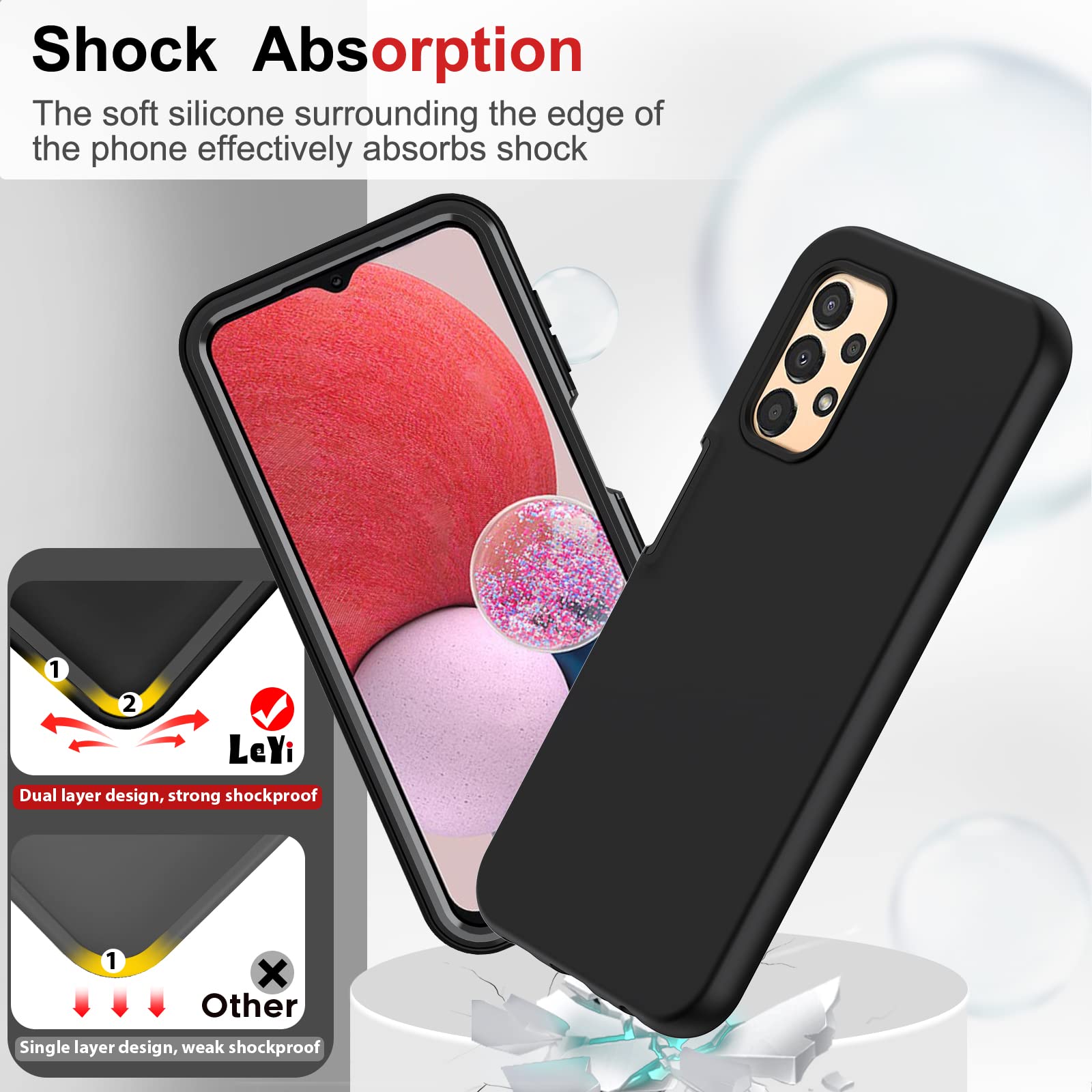 LeYi Samsung Galaxy A13 5G Case Full-Body Shockproof Liquid Silicone Black with 2 Tempered Glass Screen Protectors