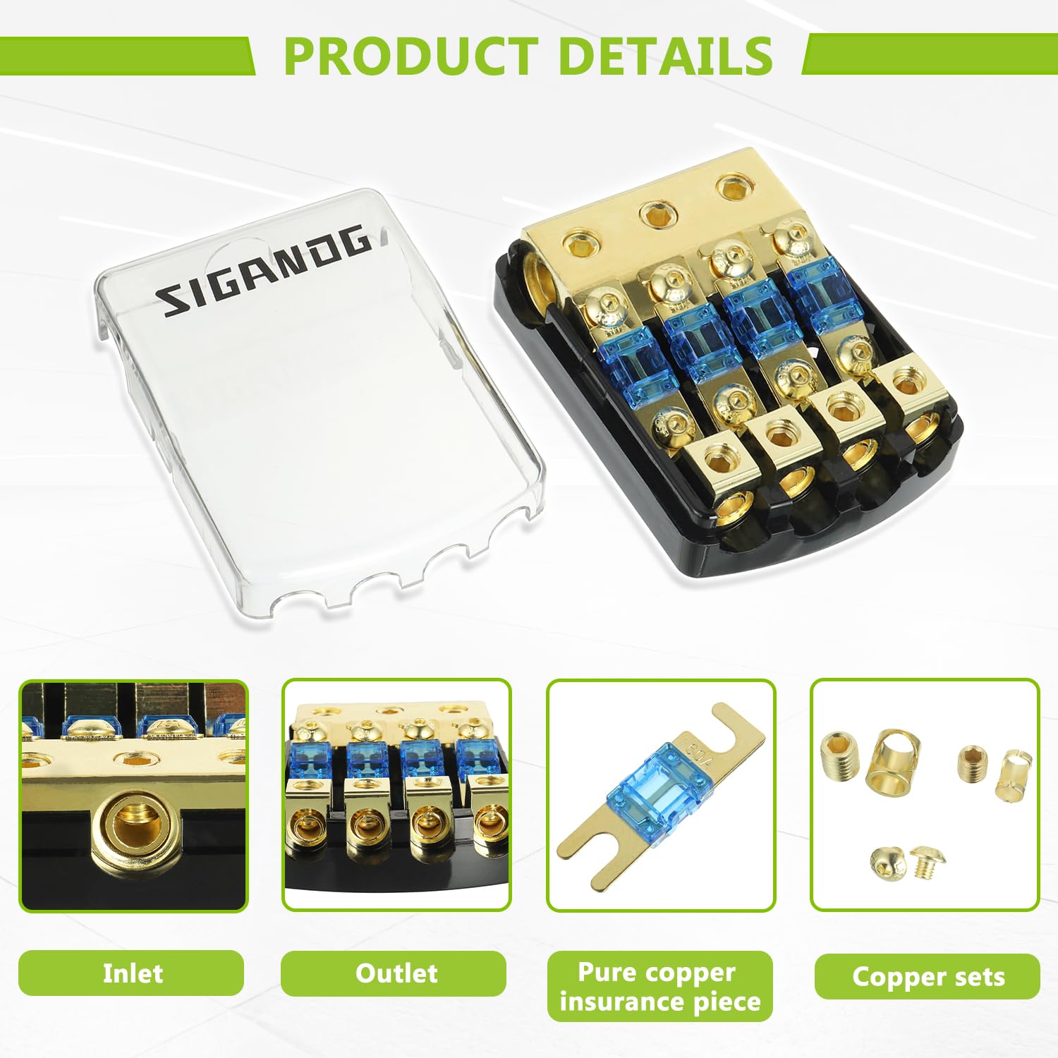 Sigandg 4 Way Anl Fuse Holder 60A, 0/2/4 Gauge In 4/8 Gauge Out Fuse Distribution Block 12V, Used For Audio Stereo Amplifier Of