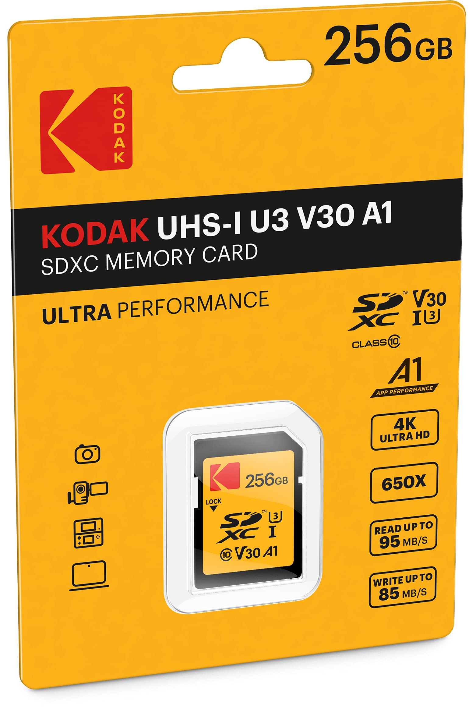 Kodak SD Card 256GB UHS-I U3 V30 Ultra - 95MB/s Max Read Speed - Write Speed 85MB/s Max - Storage of 4K Ultra HD Videos and HD P