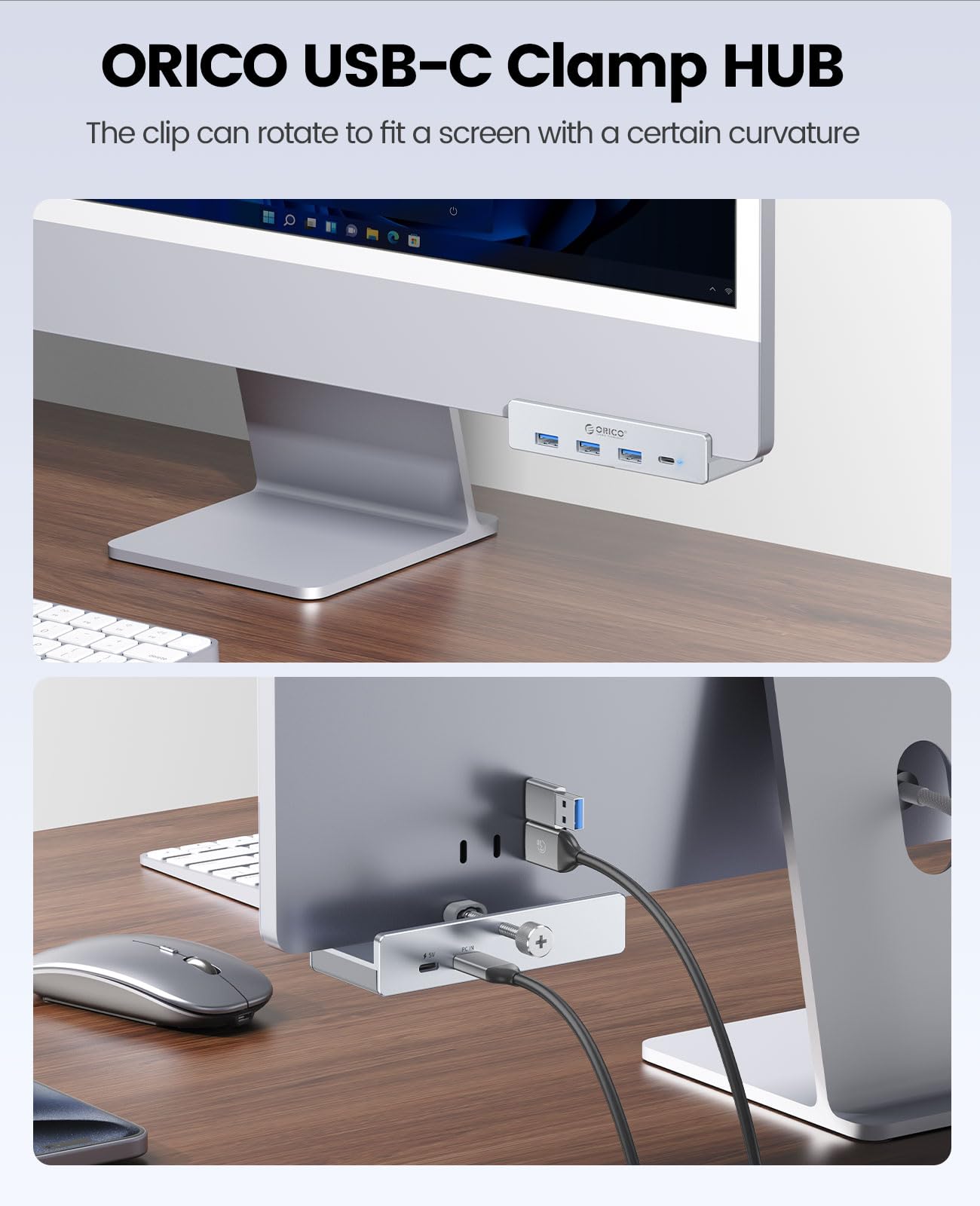 ORICO USB Hub 3.0, Clamp USB Hub with Extra Power Port, Aluminum 4 Port USB Adapter with 3 USB A Data Ports, USB C Port for Monitors, Desks(Silver)