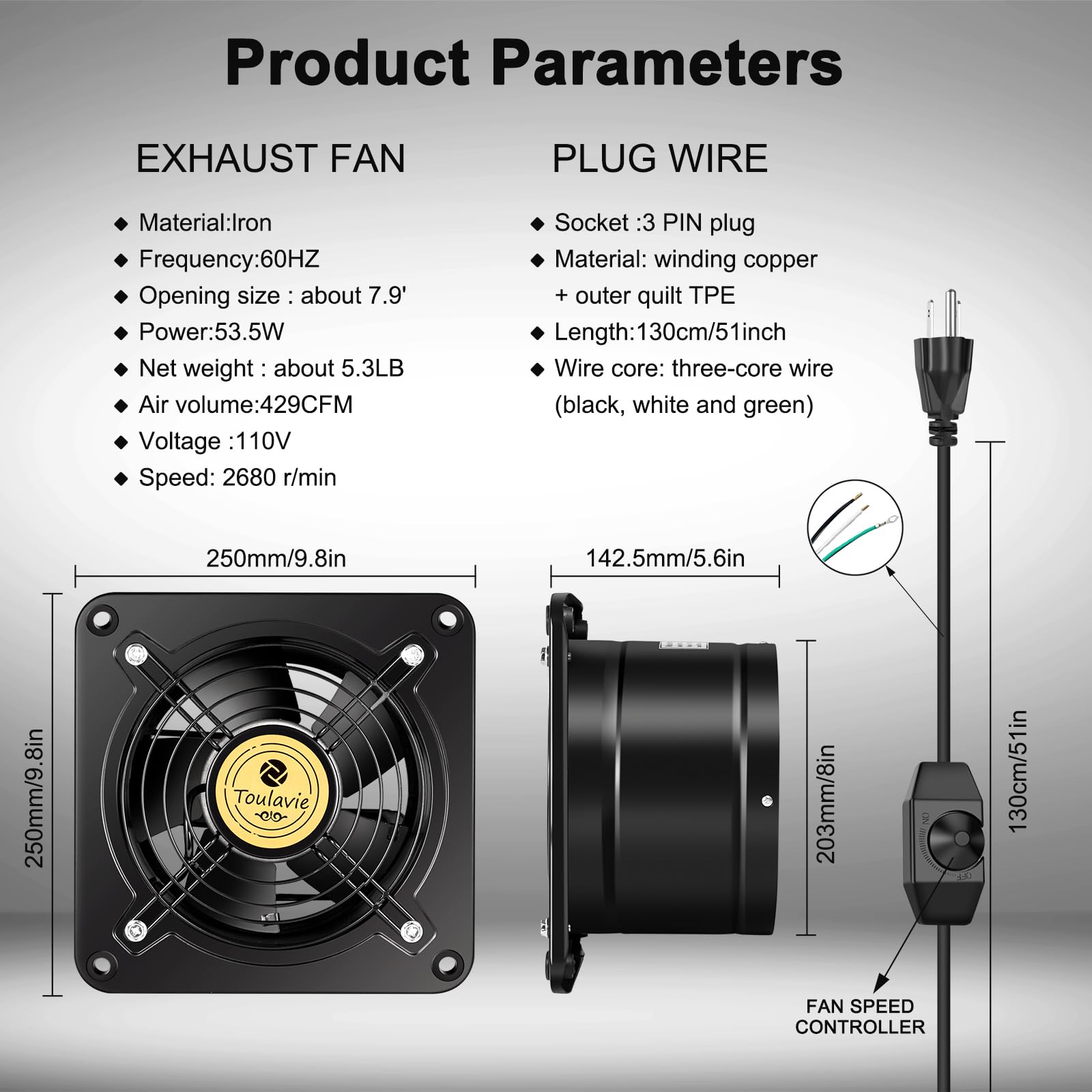Tt Toulavie Exhaust Fan With Variable Speed Controller Quiet, 8 Inch 429Cfm Wall Mounted Vent Fans, Outer Rotor Motor Exhaust Fa