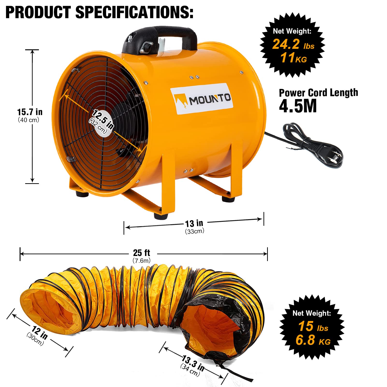 Mounto 12 Inch Heavy Duty Cylinder Axial Fan With 25 Foot Vinyl Hose | High Performance Portable Blower/Exhaust Fan | 2900 Cfm D