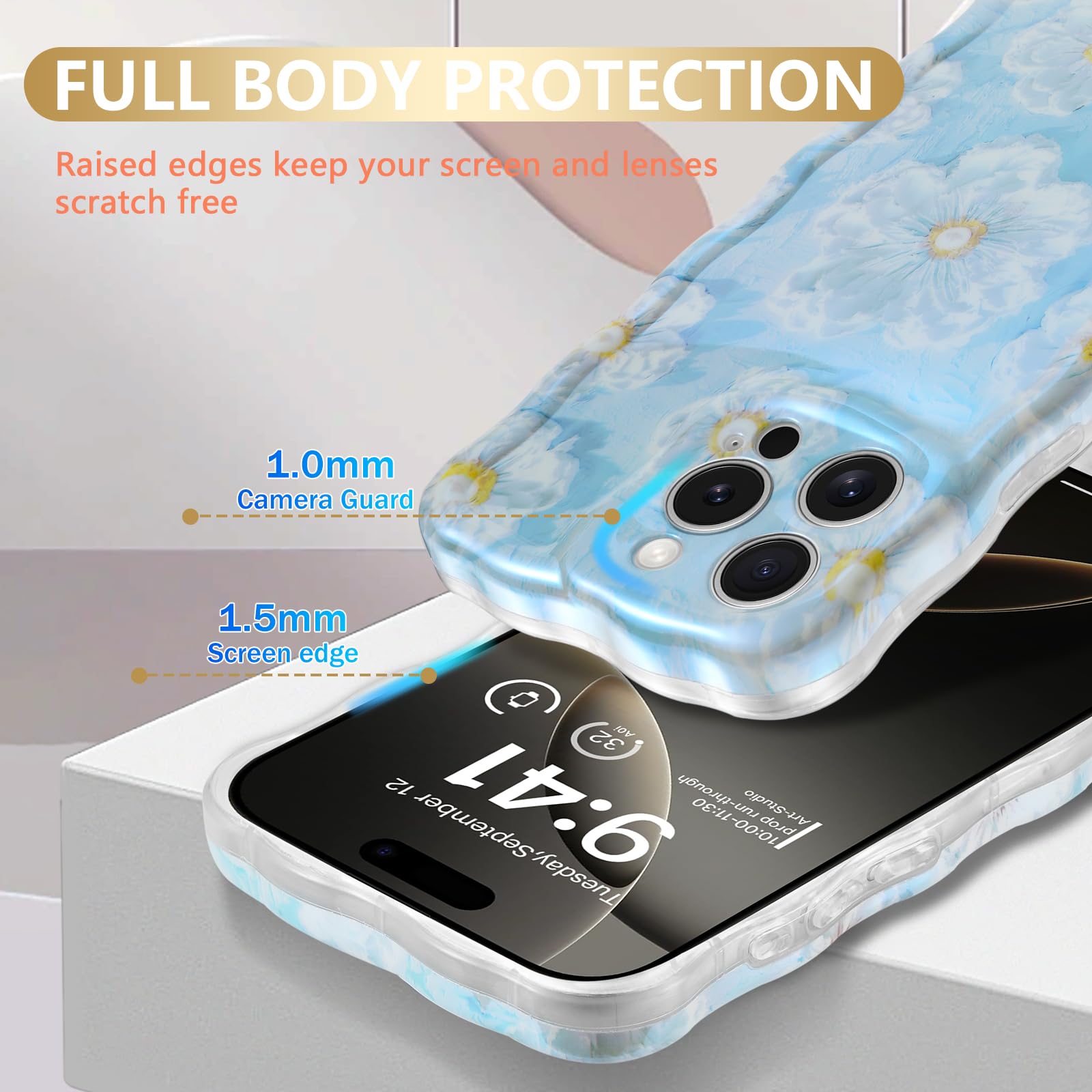 Sheheme For Iphone 14 Pro Max Case [With 9H Screen Protectors] Wave Bumper Colorful Oil Painting Flowers Print Blue Glossy Soft