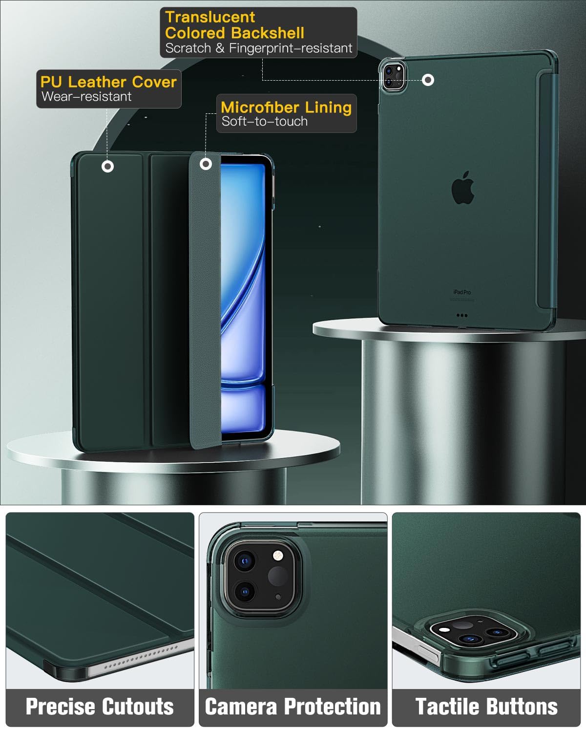 MoKo for iPad Air 13 Inch Case 2024/ iPad Pro 12.9 Case (6th/5th Gen 2022/2021), Slim Smart Shell Translucent Frosted Hard PC Back Cover, Support Touch ID & Pencil Pro/2nd/USB C, Midnight Green