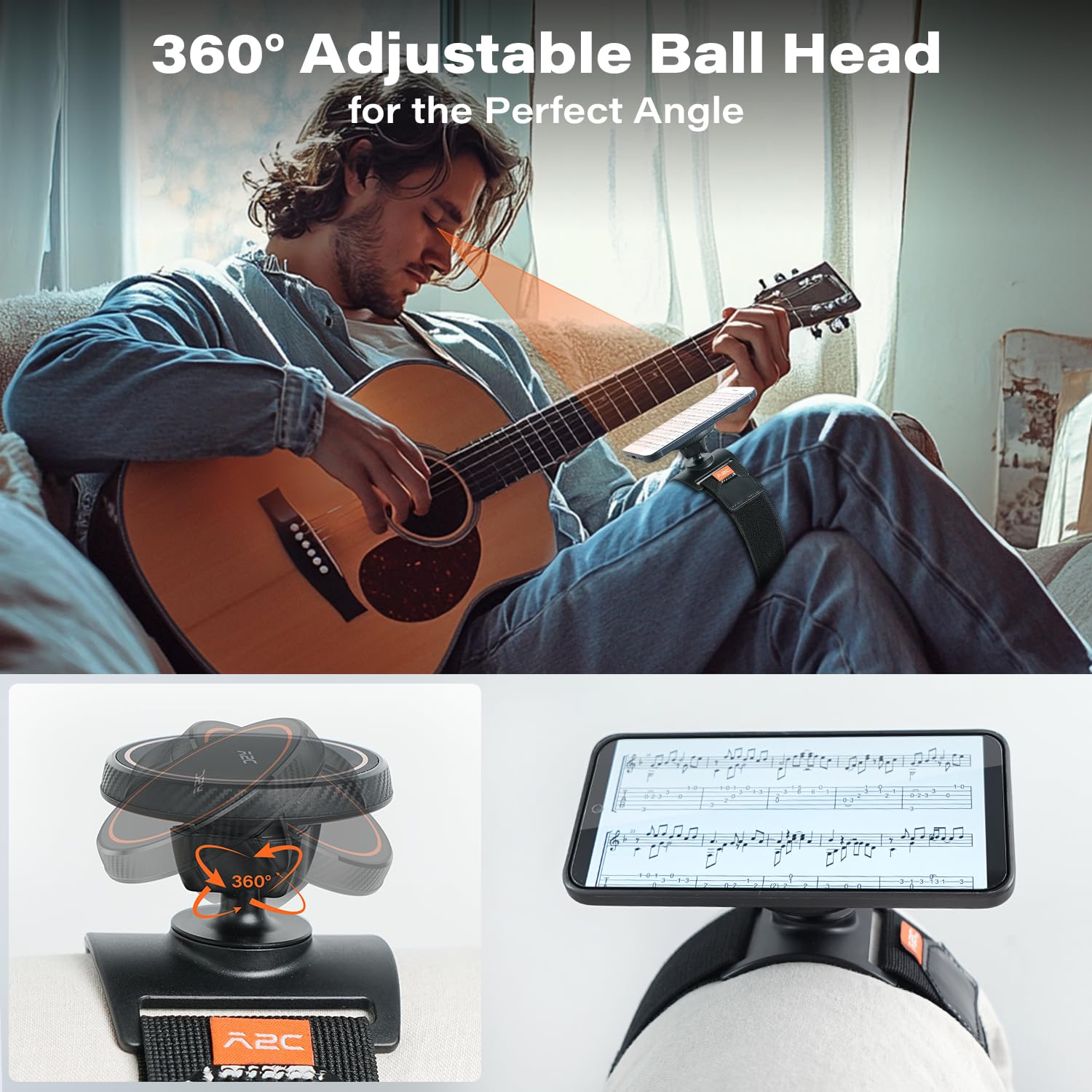 A2C Magnetic Guitar Phone Holder Mount With Adjustable Elastic Strap | 360 Rotatable Ball Head | Guitar Accessory Gift | Compati