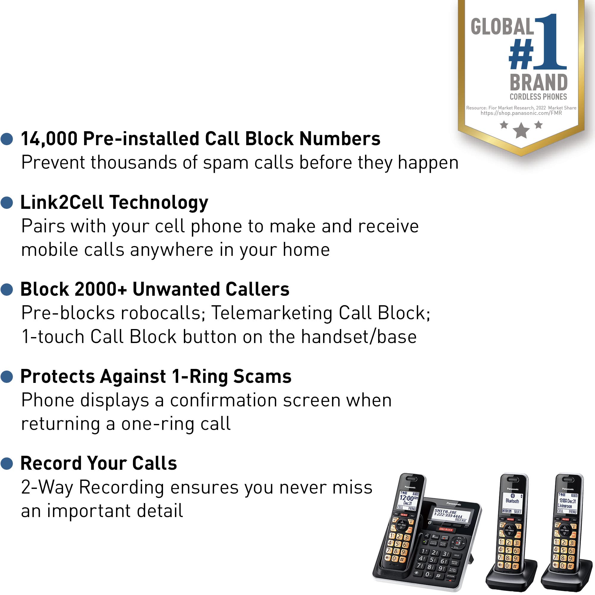 Panasonic Cordless Phone With Advanced Call Block, Link2Cell Bluetooth, One-Ring Scam Alert, And 2-Way Recording With Answering