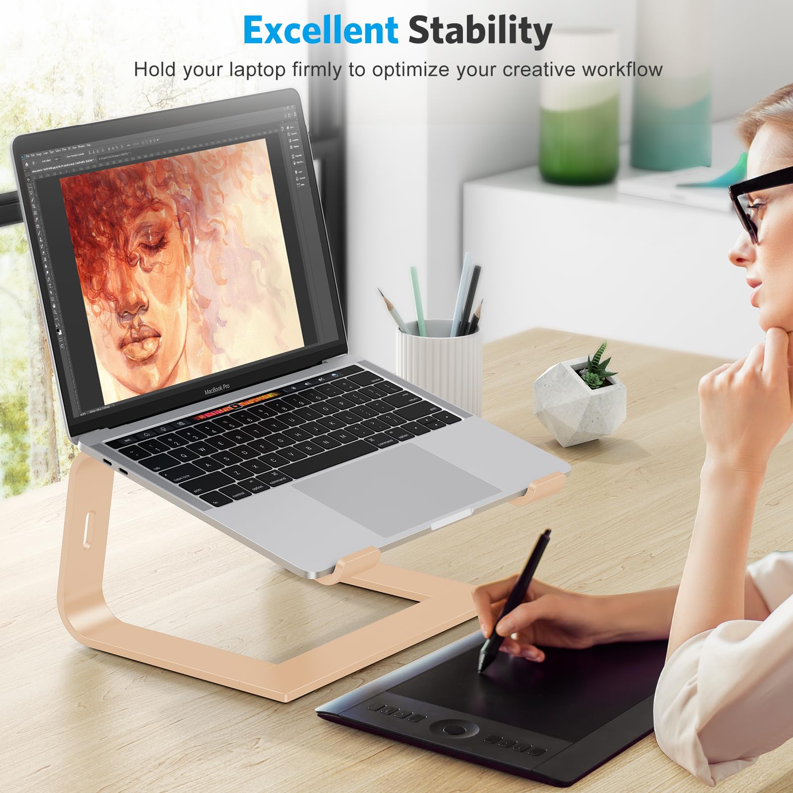 Omoton Laptop Stand, Detachable Laptop Mount, Aluminum Laptop Holder Stand For Desk, Compatible With Macbook Air/Pro, Dell, Hp And All Laptops (11 16 Inch), Gold