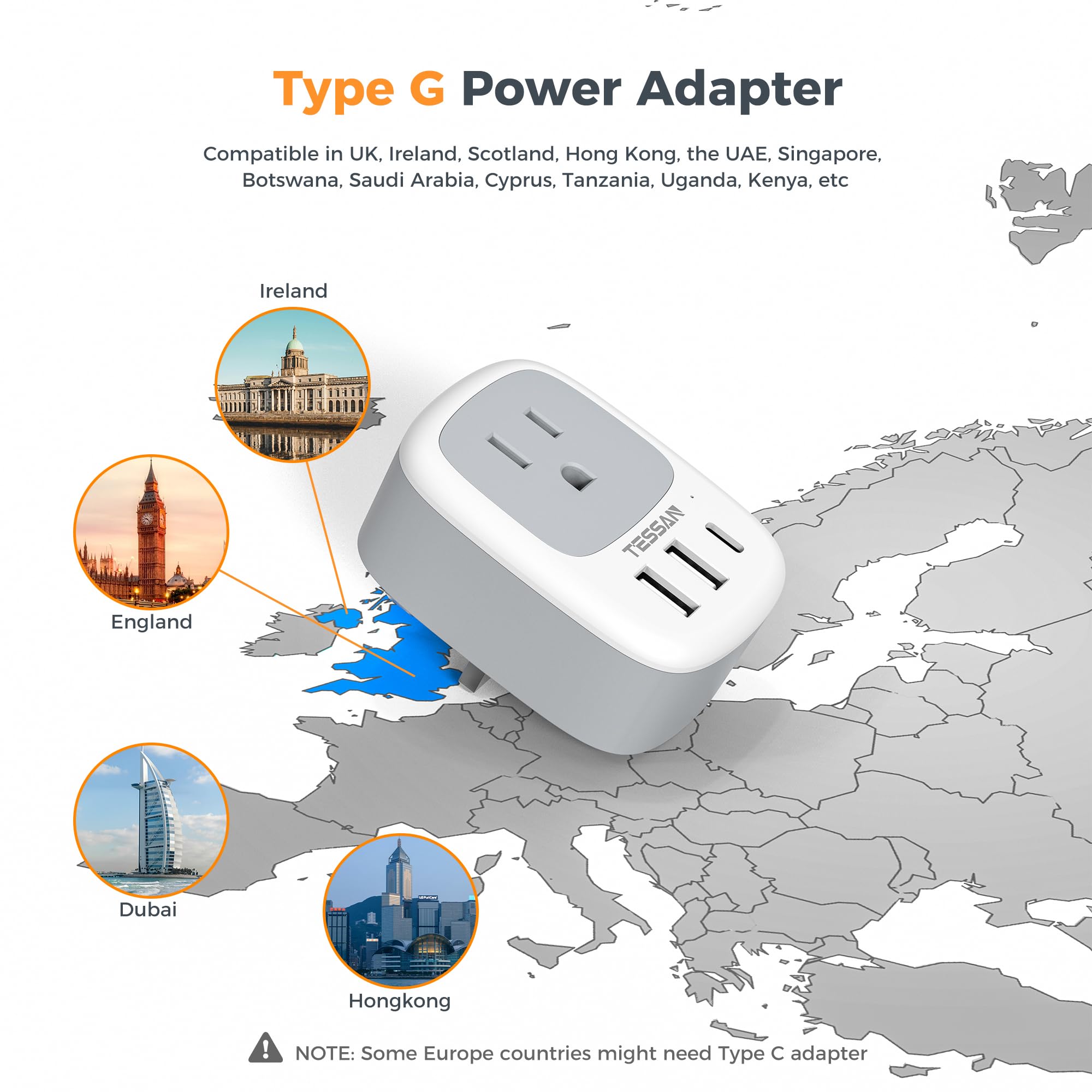 Uk Adapters For Travel, Tessan Us To Uk Plug Adapter, Ireland Outlet Plug With 3 Usb Charger (1 Usb C Port), Type G Power Adapto
