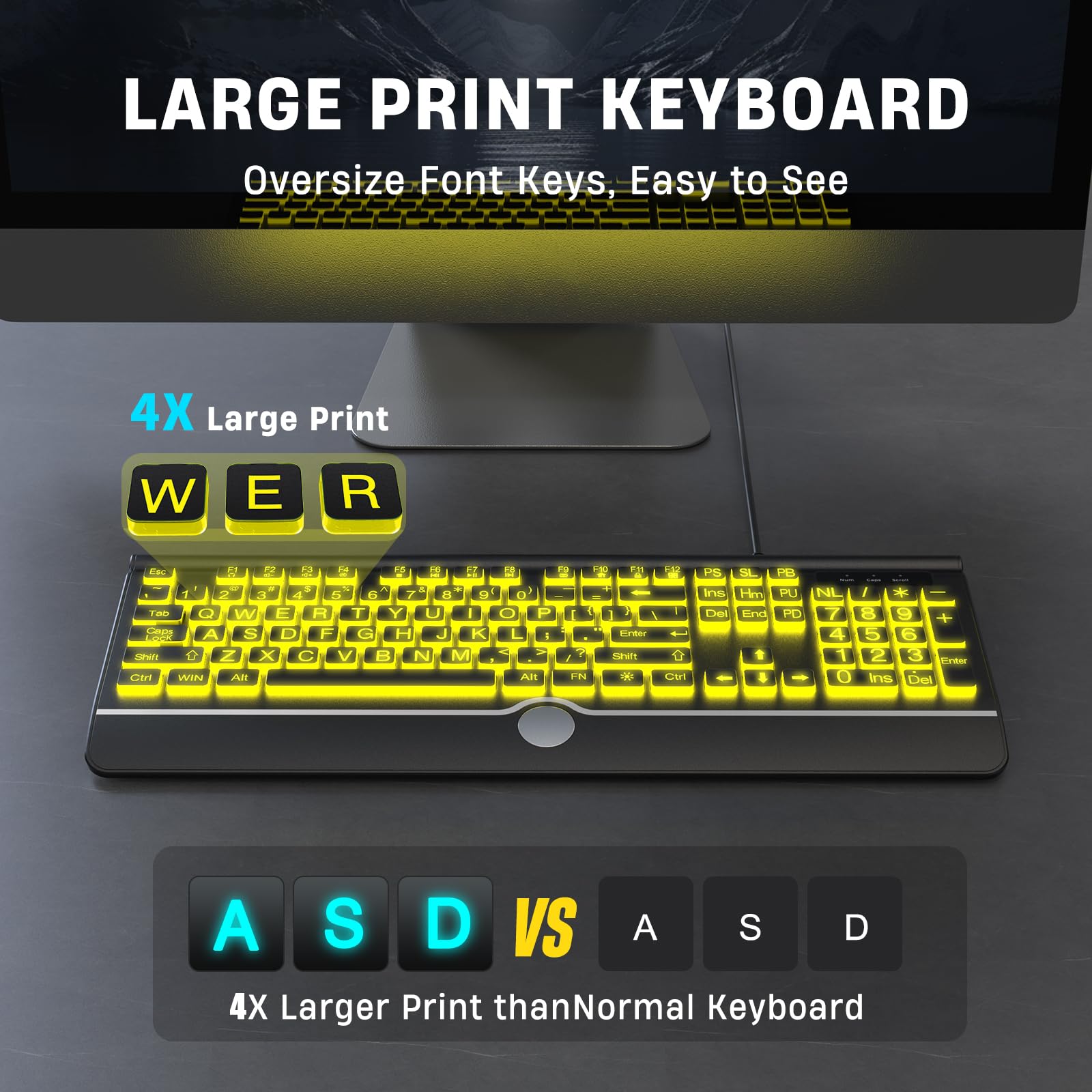Kopjippom Computer Wired Keyboard, Large Print Backlit Keyboard With Wrist Rest, 7 Colors Backlit, Plug And Play, Foldable Stand