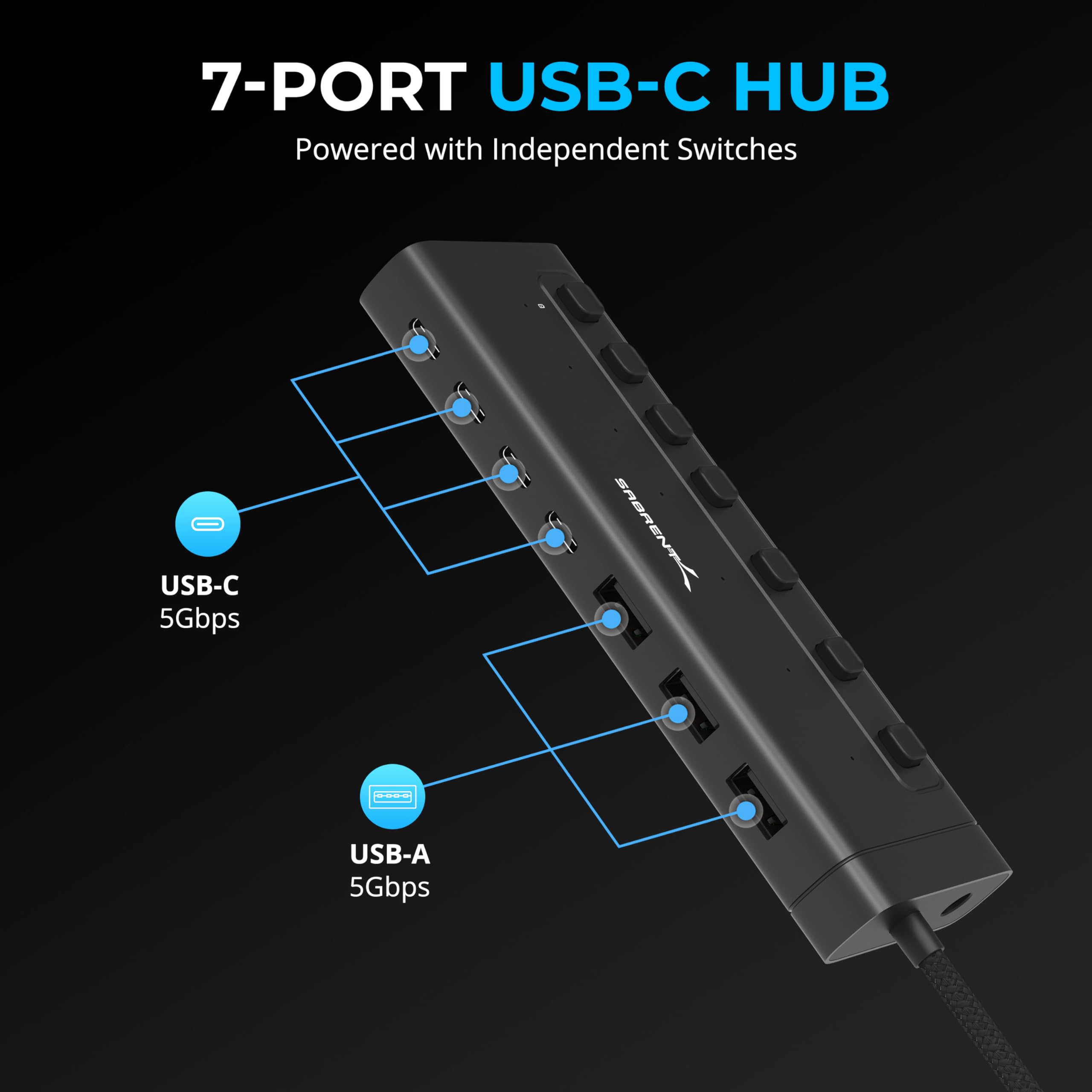 Sabrent Usb C Hub 7-Port 48W Powered Hub With Switches (Hb-3A4C)