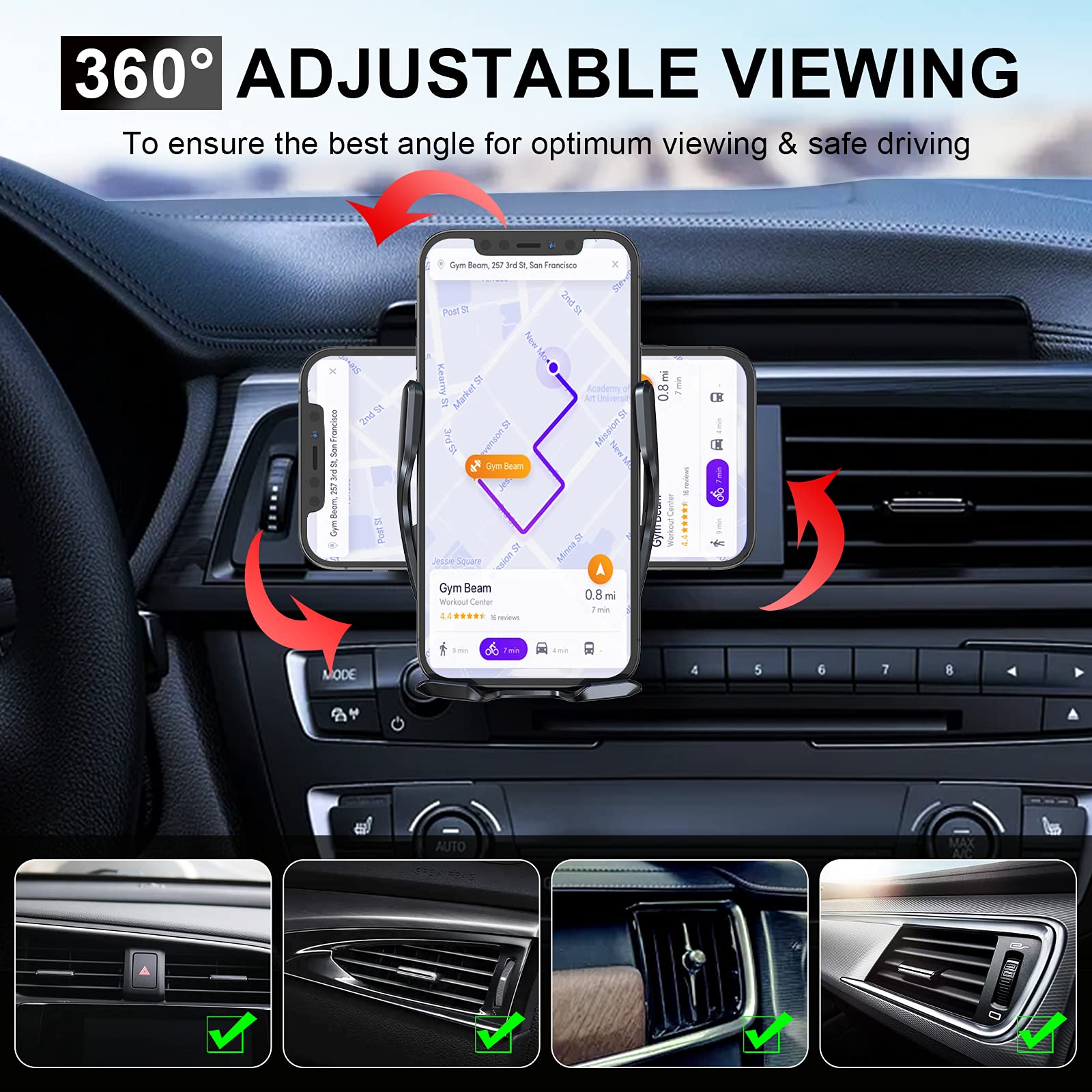 Wireless Car Charger Mount, 15W Qi Fast Charging Auto-Clamping Cell Phone Car Holder Air Vent Windshield Dashboard Long Arm Suct