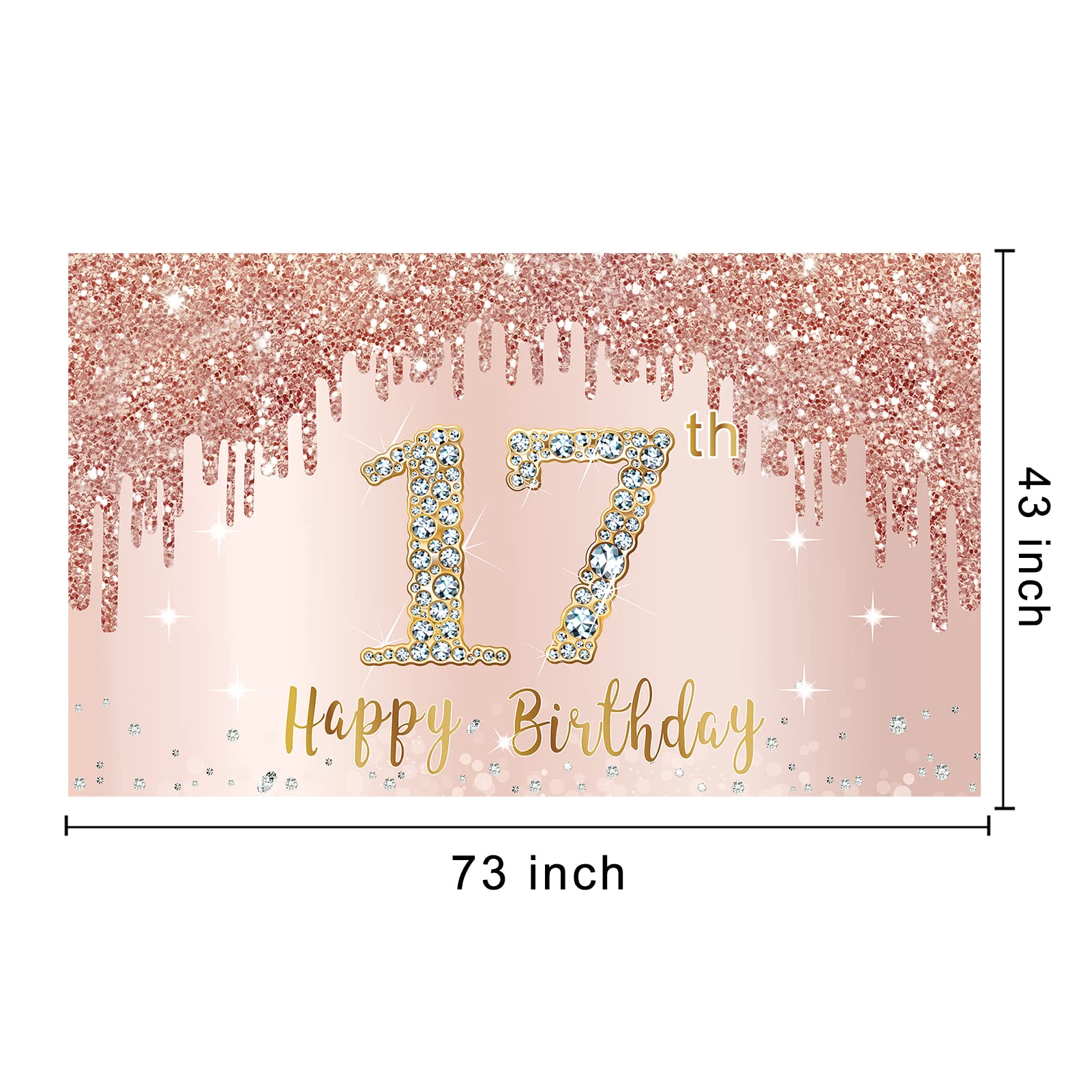 Happy 17Th Birthday Banner Backdrop Decorations For Girls, Rose Gold 17 Birthday Party Sign Supplies, Pink Seventeen Birthday Po