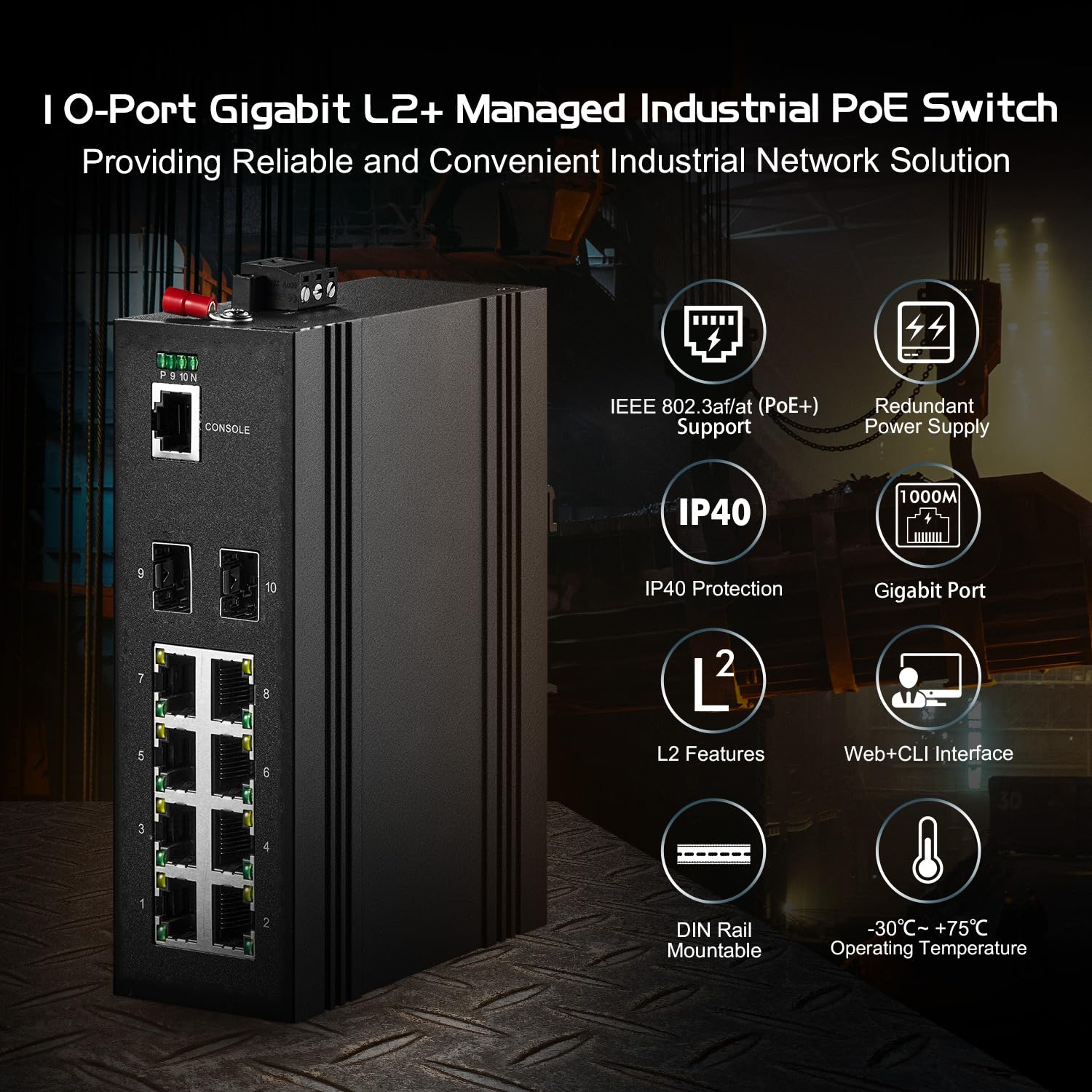 Binardat 10 Port Gigabit L2+ Managed Poe Industrial Din Rail Switch, 8 Gigabit Poe Ports, 2 Gigabit Sfp, Ieee802.3Af/At, Vlan|Ro