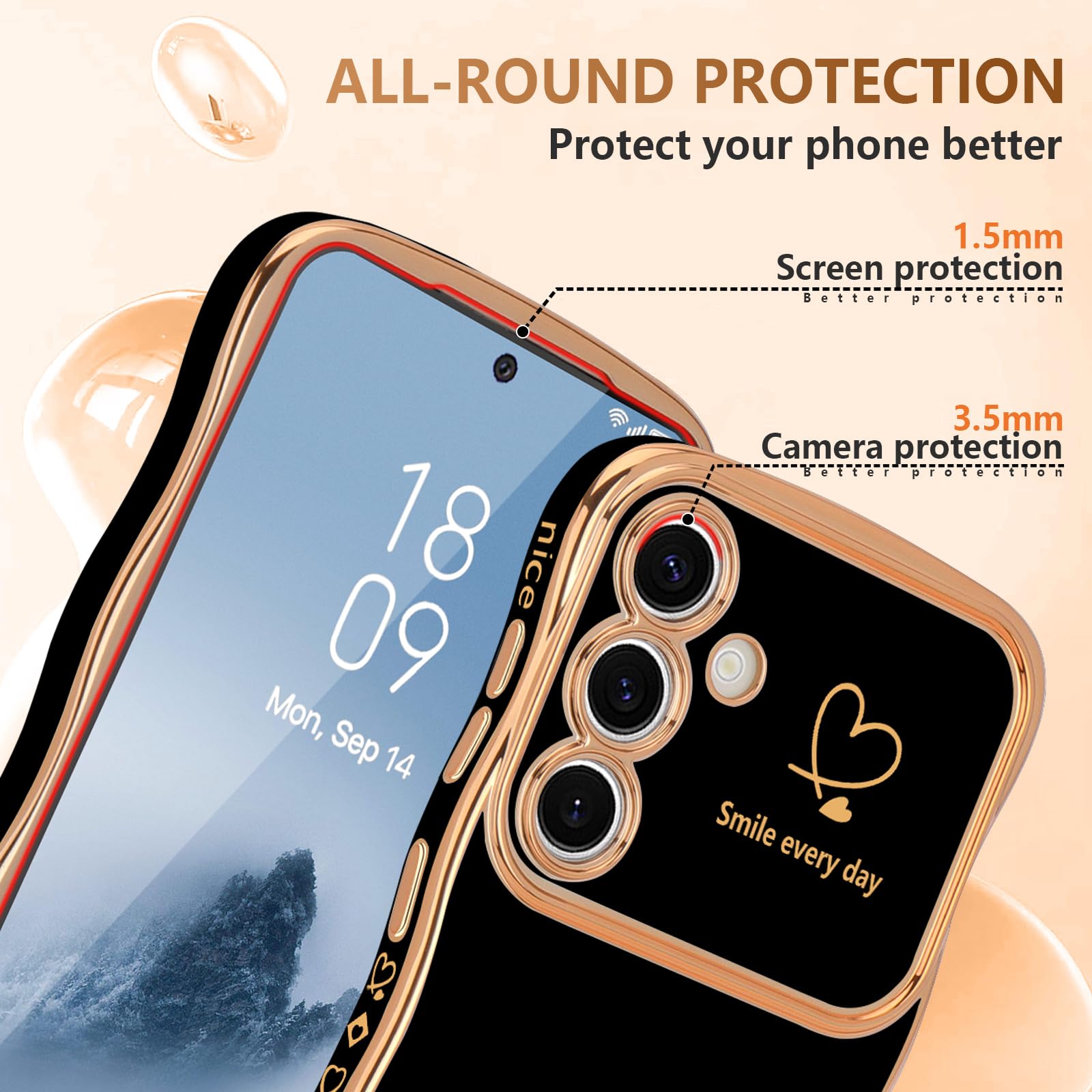 Lchulle For Samsung Galaxy S24 Fe Case For Women Girls, Cute Wave Frame Curly Shape With Love Heart Raised Camera Protection Cov