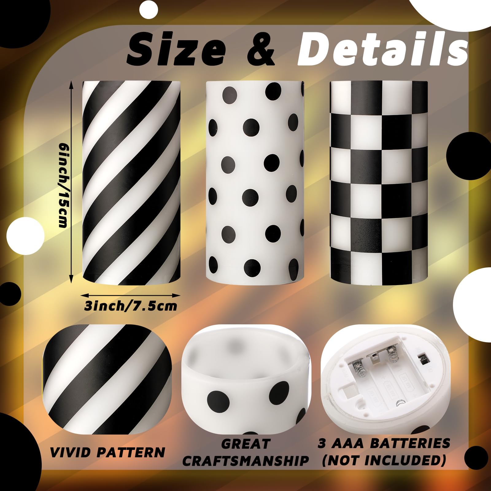 Roceei 3 Pcs Black And White Christmas Flameless Candles Battery Operated Flickering Candles Led Candles Real Wax Pillar Candle