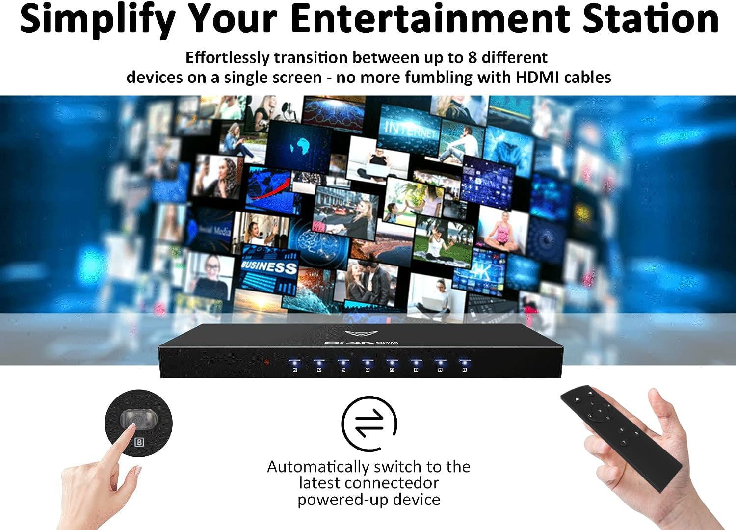 Diamondtiger Hdmi Switch 8 In 1 Out, 4K 30Hz Support, 8 Port Hdmi Switcher, Remote Control, For Ps5/4, Xbox, Fire Stick, Roku, P