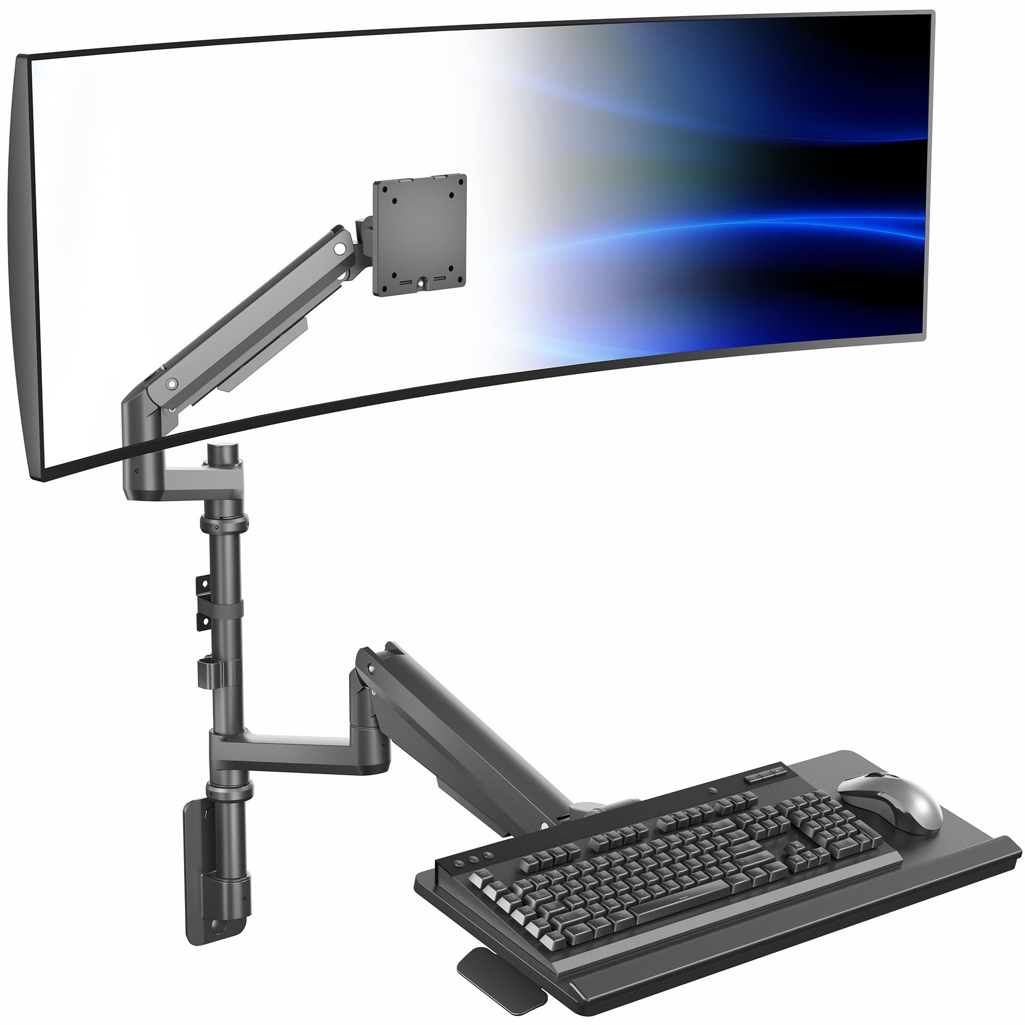 VIVO Sit-Stand Heavy Duty Ultrawide Monitor Wall Mount for Screens up to 49 inches with Height Adjustable Keyboard and Mouse Tra